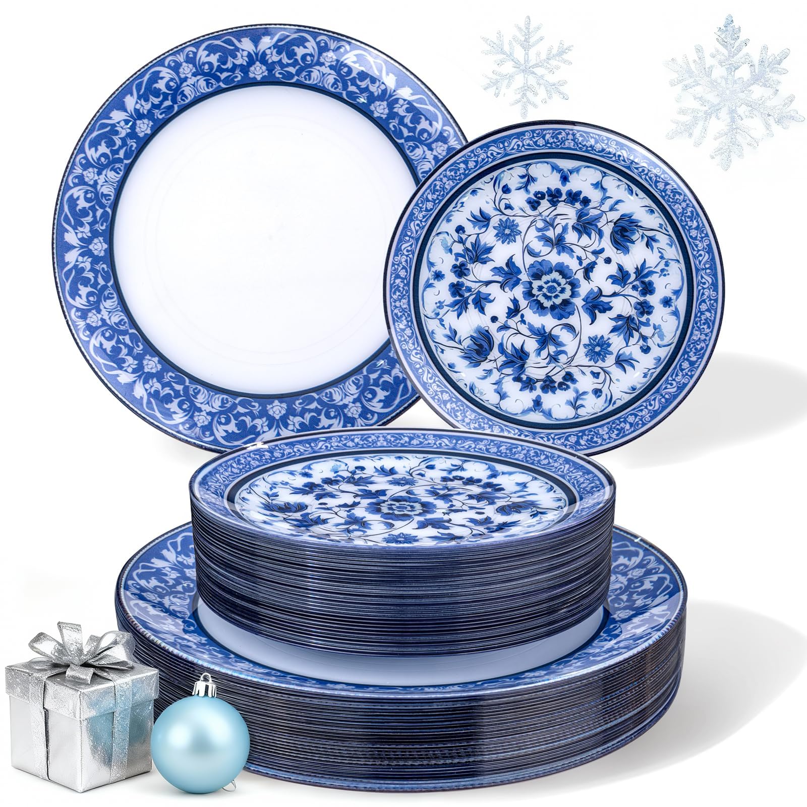 Hioasis 60pcs Blue Plastic Plates Set - Floral Blue & White Porcelain Design, 10.25" Dinner & 7.5" Dessert Plates Disposable for Christmas (Dishwasher Safe, Art Style)