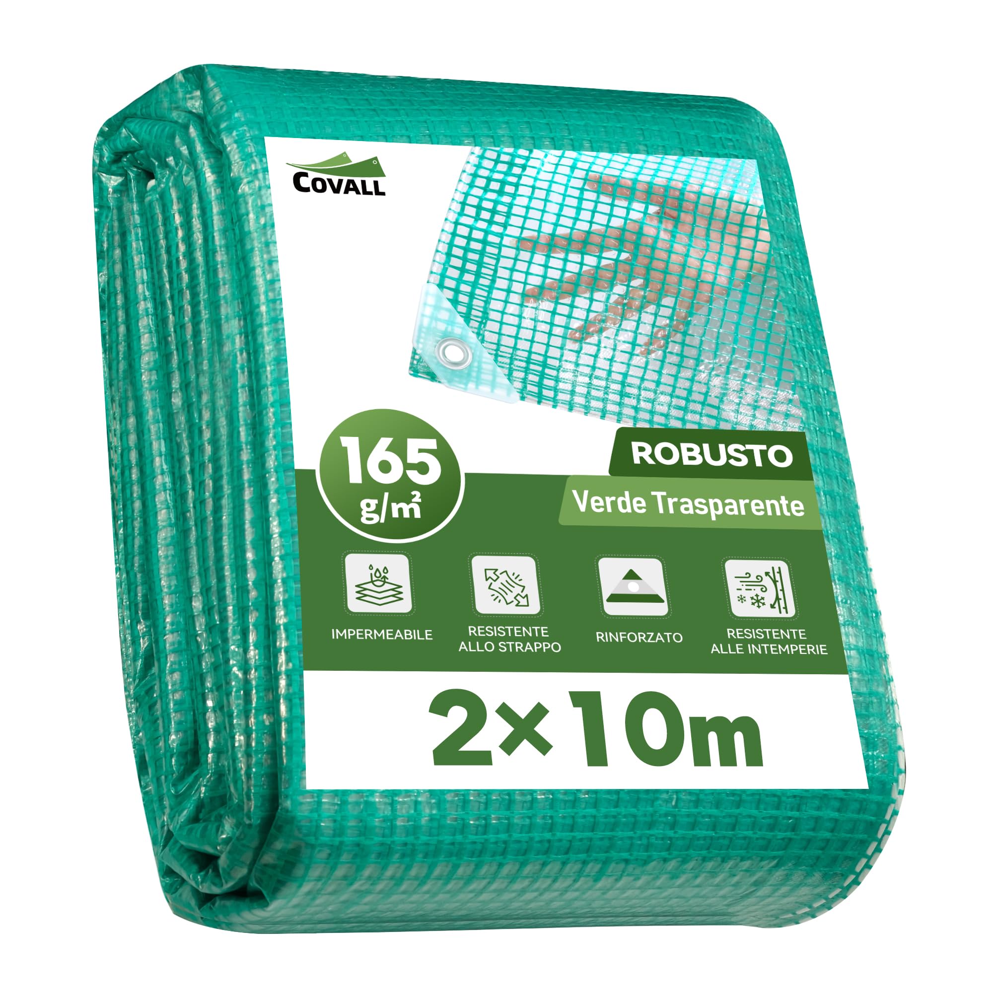 Telone Rinforzato con Occhielli in Metallo, Impermeabile e Antistrappo per Esterno, Giardino e Terrazzo 165g/m² Verde Trasparente 2x10 m