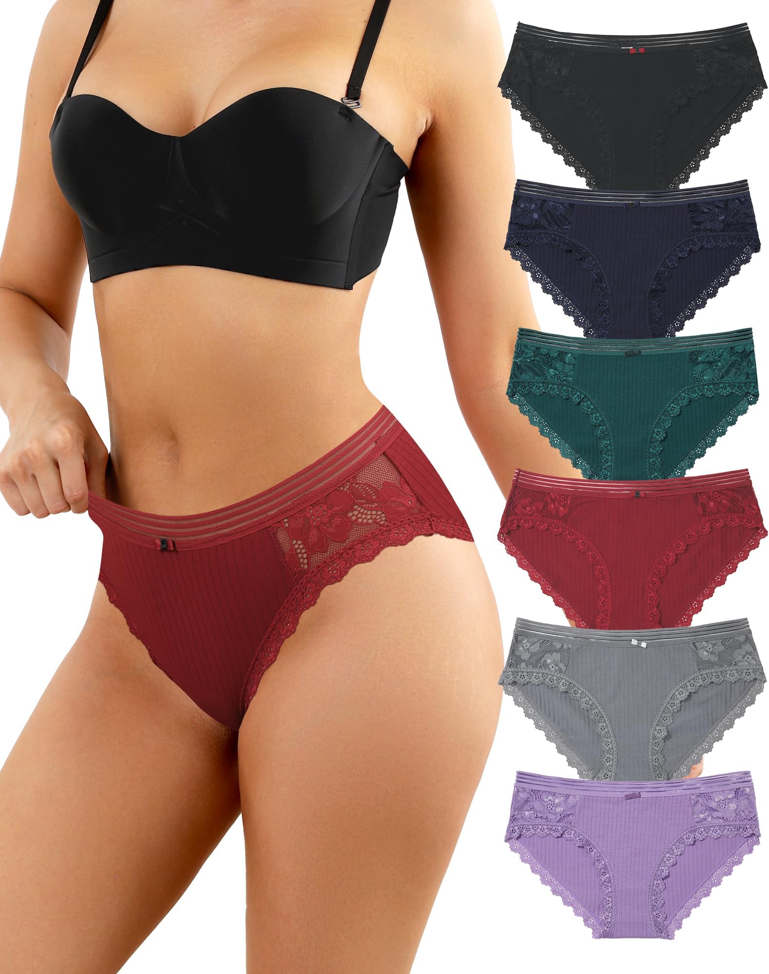 Womens Underwear Cotton Bikini Panties Lace Breathable Hipster Panty Stretch Full Briefs Multipacks S-XL