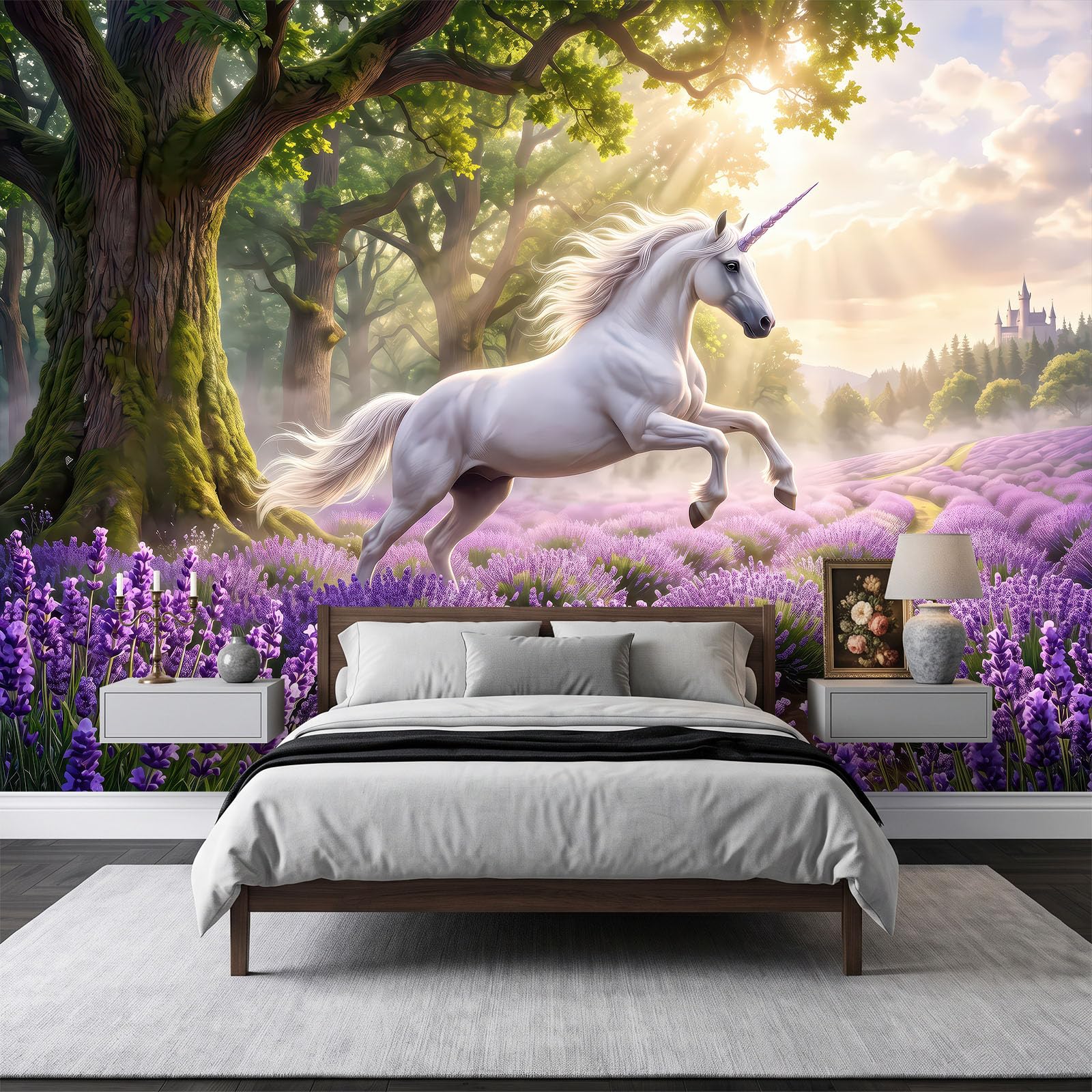 Carta da parati fotografica 500 x 280 cm, motivo animali romantici, unicorno, lavanda, 3D, in tessuto non tessuto, decorazione da parete, per soggiorno, camera da letto, poster artistico, carta da