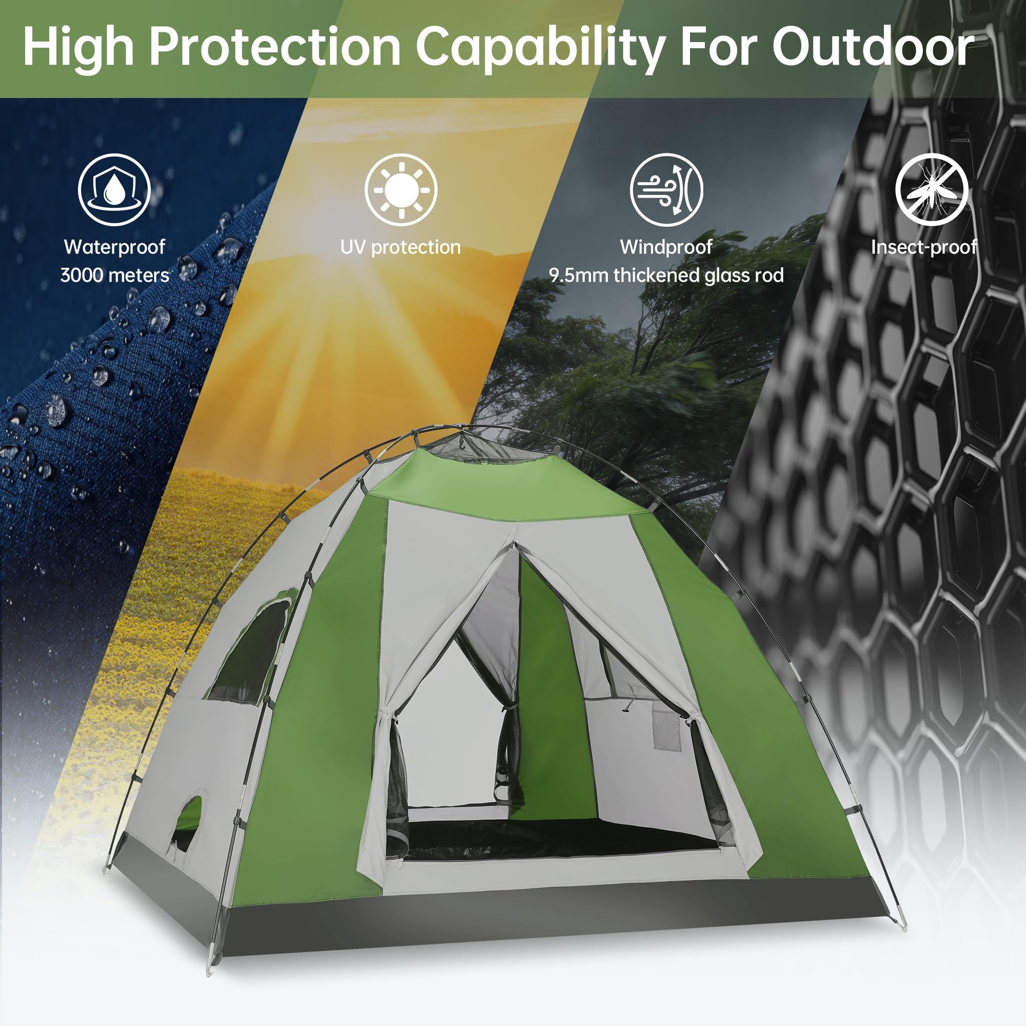 Tente de camping dôme pour 2 à 3 personnes avec salon et auvent – Double couche imperméable à l'eau, légère et facile à installer, sac de transport portable pour la randonnée, 210 x (210 + 150 cm) x
