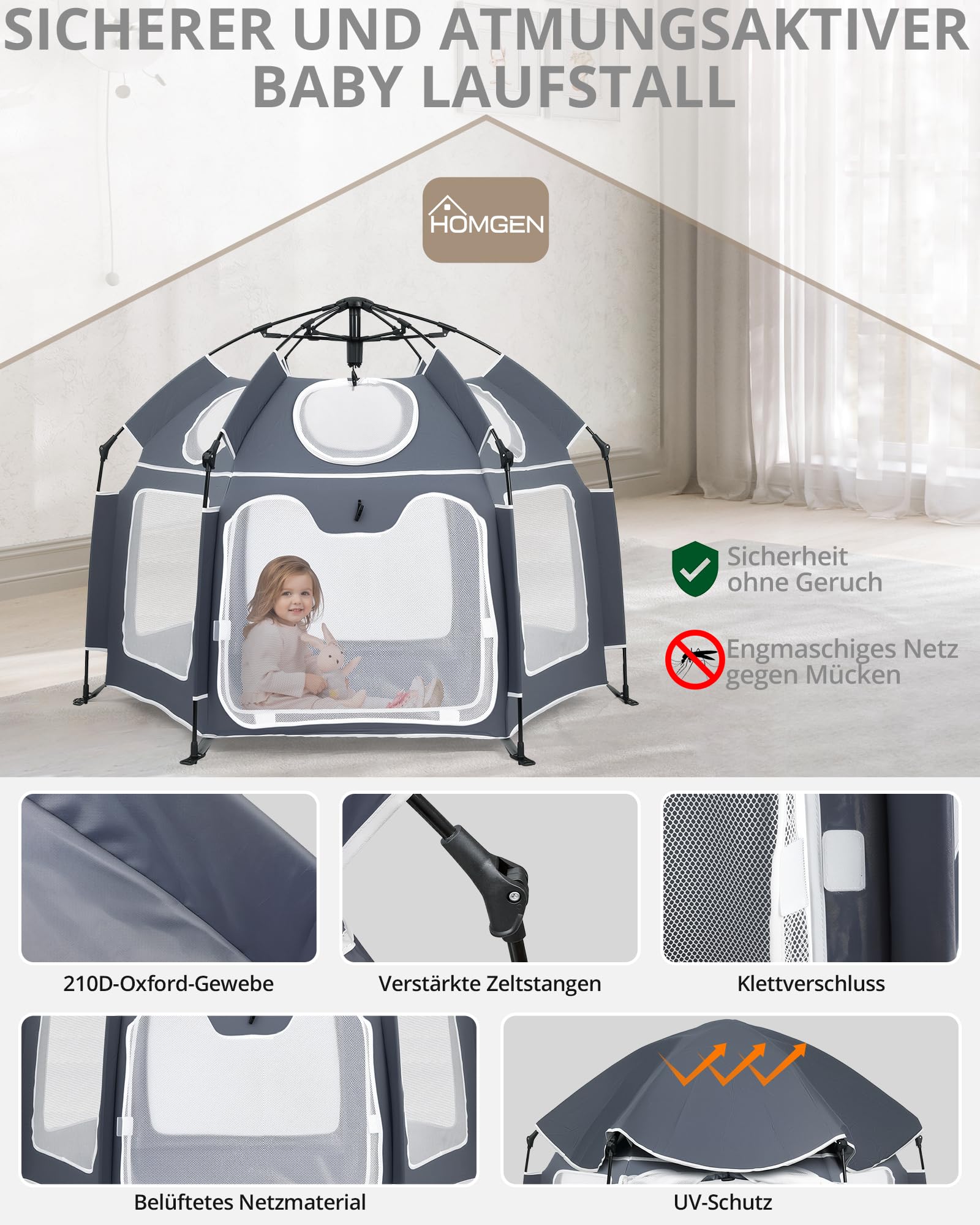 HOMGEN Pop Up Laufstall Baby Faltbar 150x150cm Playpen mit Sonnendach