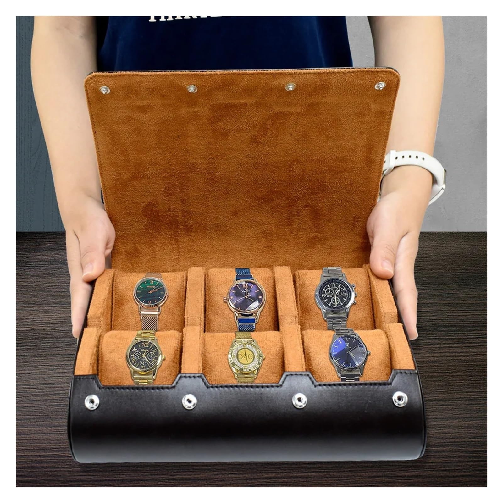 1 x Uhrenrollen-Reiseetui mit 6 Fächern | Uhrenrollen-Reiseetui mit 6 Fächern, tragbare Armbanduhr-Organizer-Ausstellungsbox for Männer und Frauen(Wind Red)