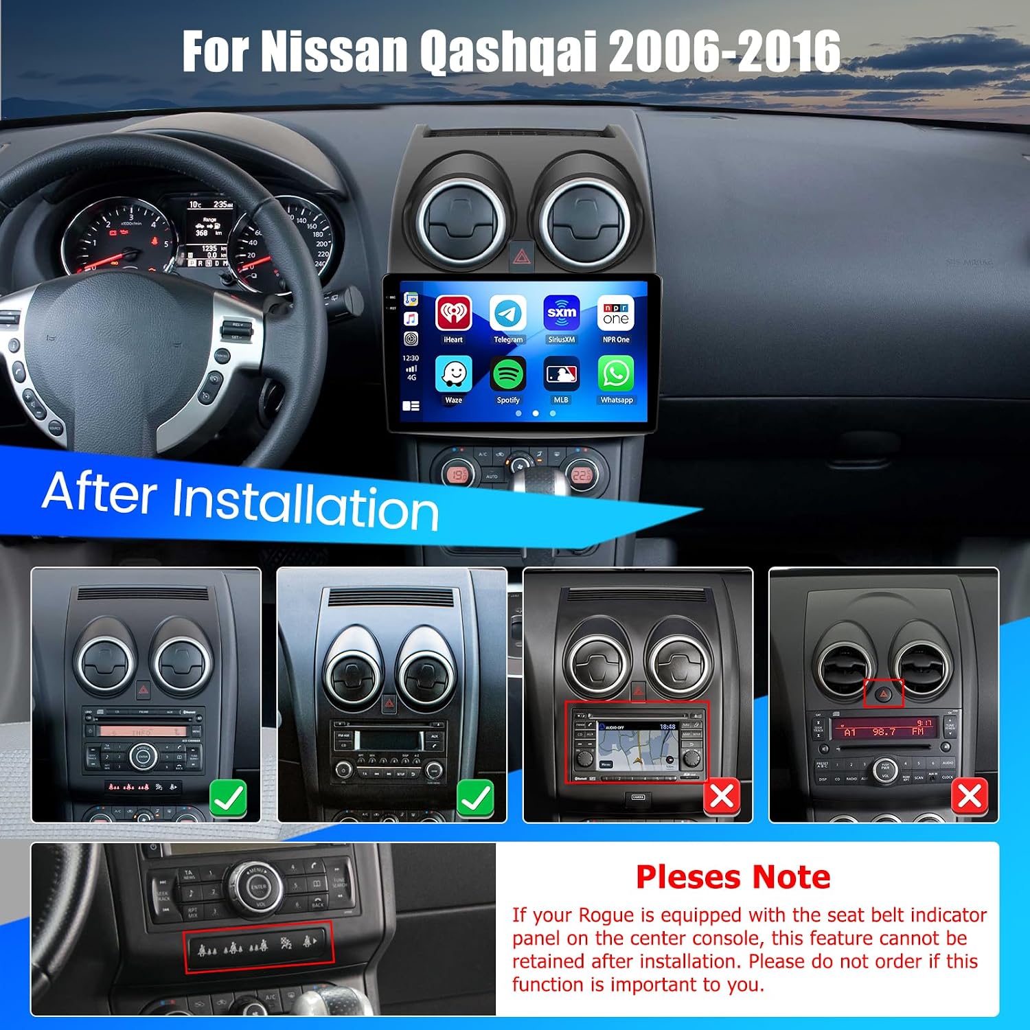 Image showing the Hikity car radio installed in a Nissan Qashqai J10 dashboard, with examples of compatible and incompatible original car radio setups.