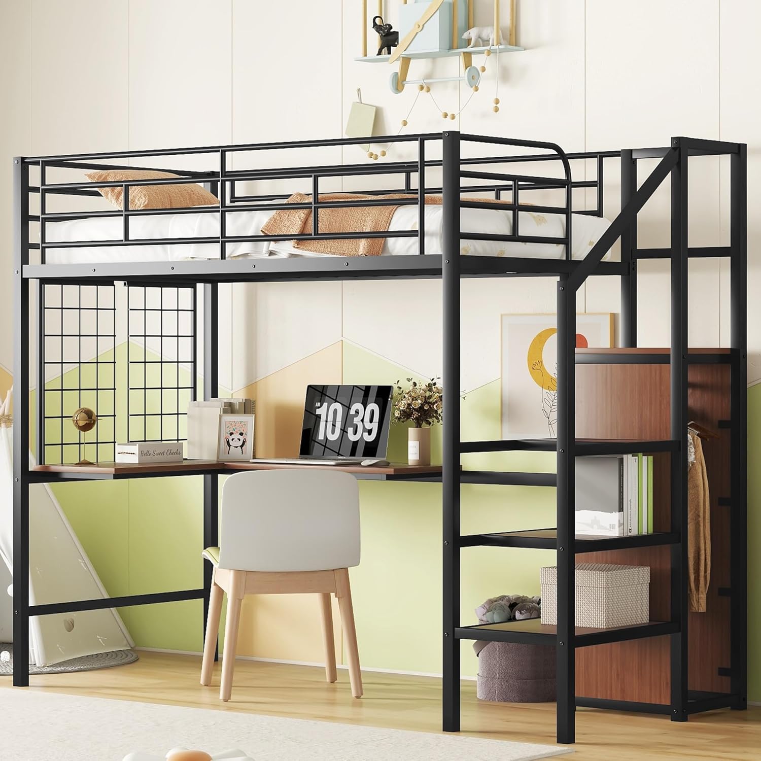 Twin Loft Bed with Desk and Storage Wardrobe, Heavy Duty Loft Bed with Stairs and Metal Grid, Twin Size Loft Bed for Kids, Girls, Boys, No Box Spring Needed, Black Twin