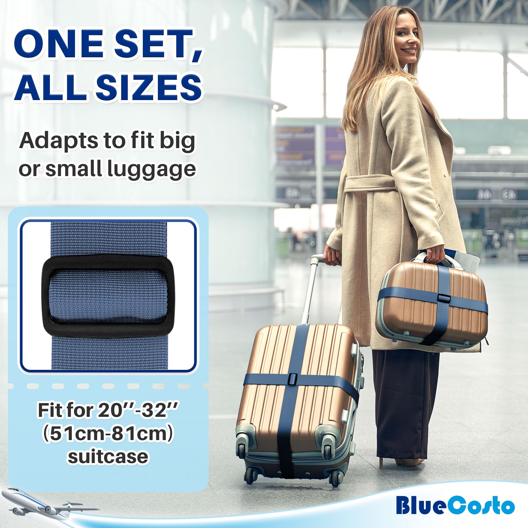 Lot De 4 Sangles à Bagages TSA - Bleu, Nylon, 2 Pouces X 6 Pieds - Universelles Valises