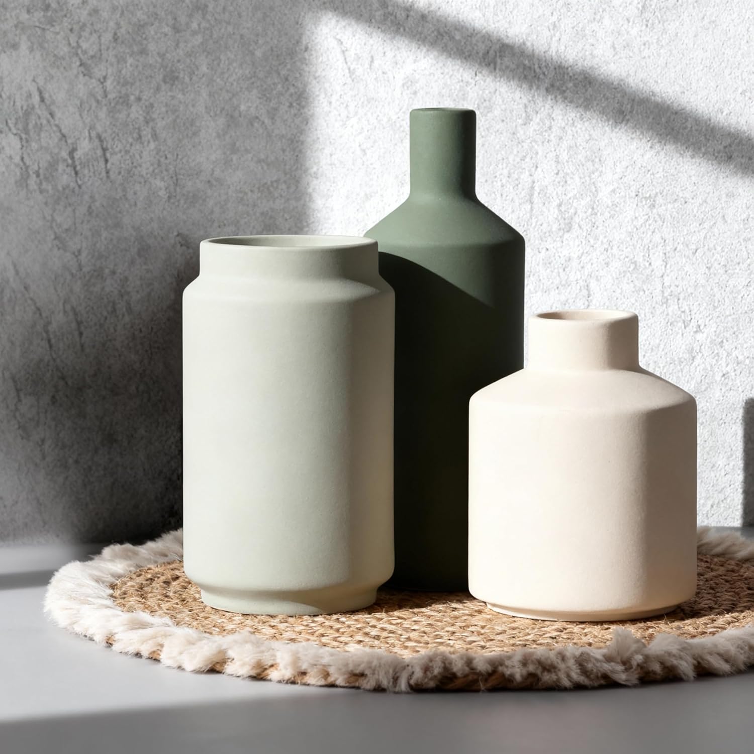 Modern 3 Piece Ceramic Vase Set - Minimalist Home Decor Vases for Living Room, Bedroom, or Entryway - Modern Neutral Table Decor for Flowers or Greenery, Shelf and Mantel Accent