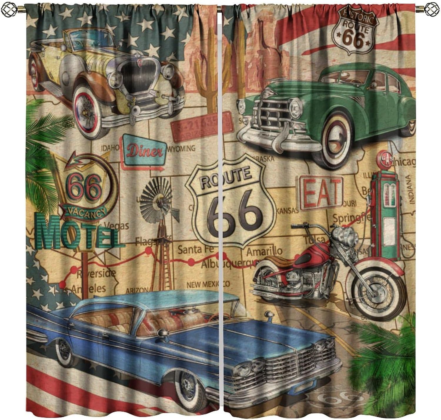 Vintage Car Blackout Curtains, Old Classic Car Theme American Retro Window Treatment for Bedroom Living Room Kitchen Café 55" W X 63" L