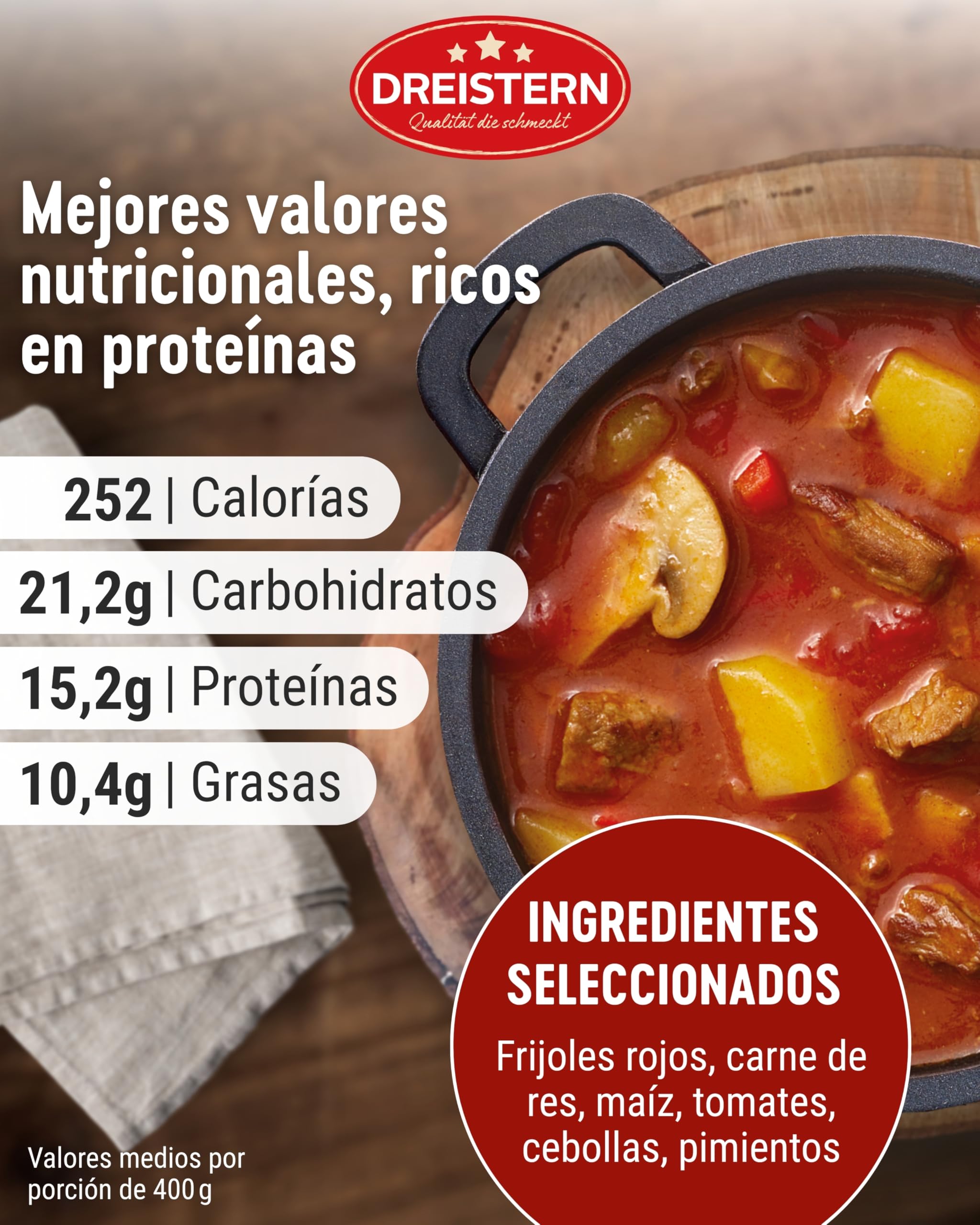 DREISTERN Sopa de Gulash Picante 400 g I Con carne de res tierna & verduras I Guiso picante en lata reciclable I Larga duración gracias a la conservación natural I Calidad casera