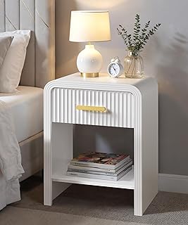 SUMGAR White and Gold Nightstand Fluted Mid Century Modern Night Stand B...