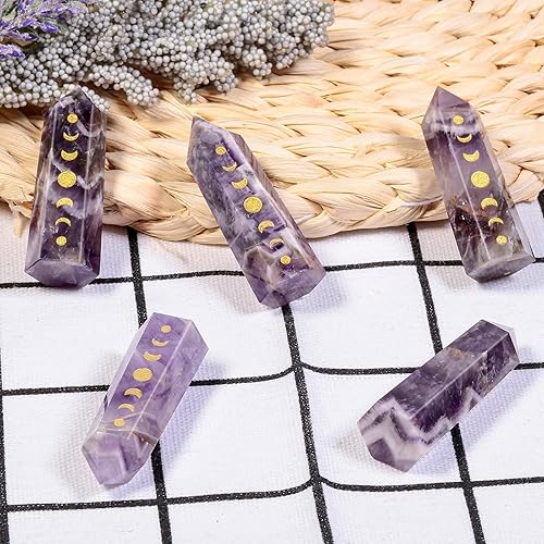 Miniatura 3 de Amogeeli Wicca - Varita de punto de cristal de amatista de fase lunar para meditación de reiki, 6 piedras curativas facetadas para decoración para