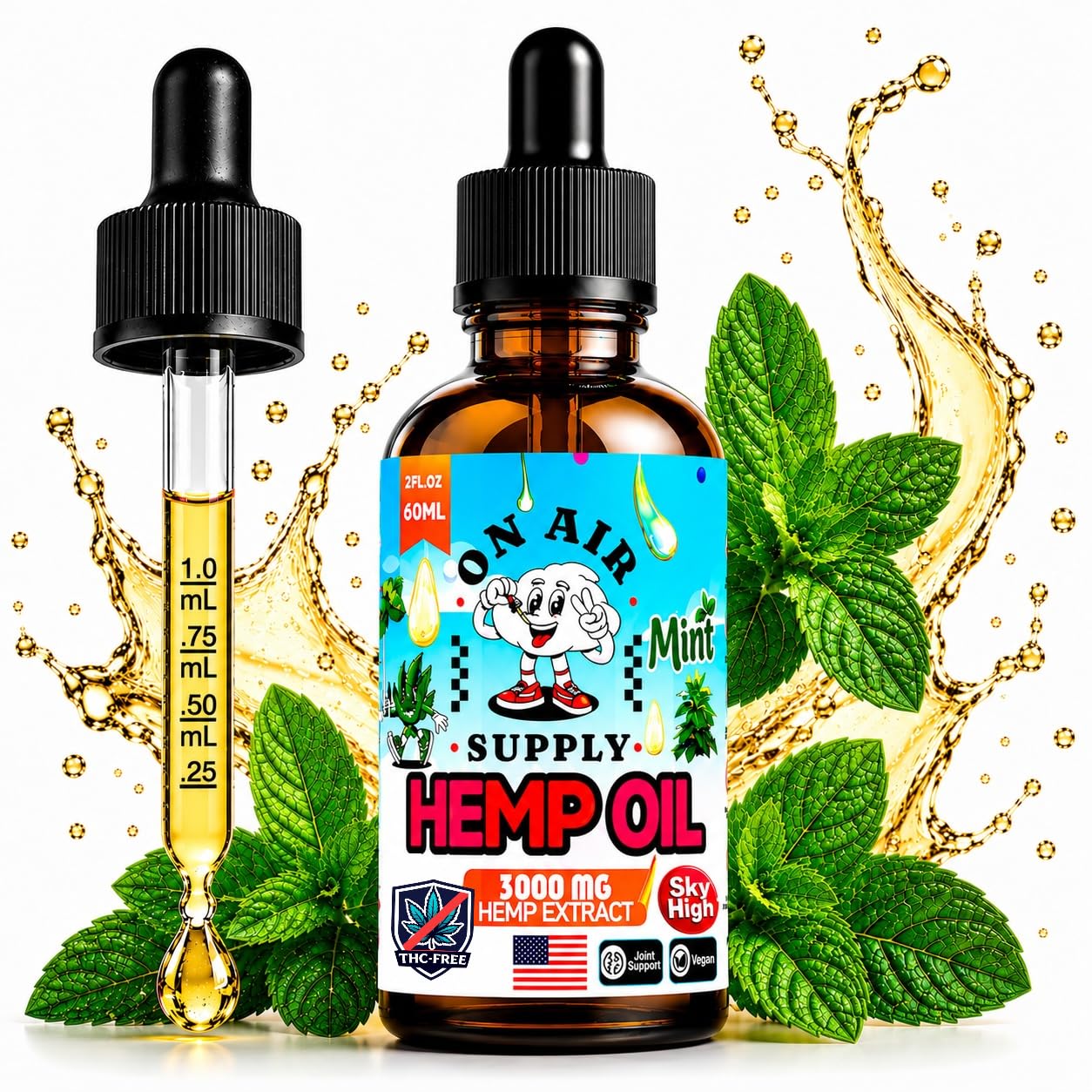 Hemp Oil 3,000mg – 2 fl oz (60ml) - Mint Flavor, Omega 3 6 9 for Skin, Hair & Made in USA