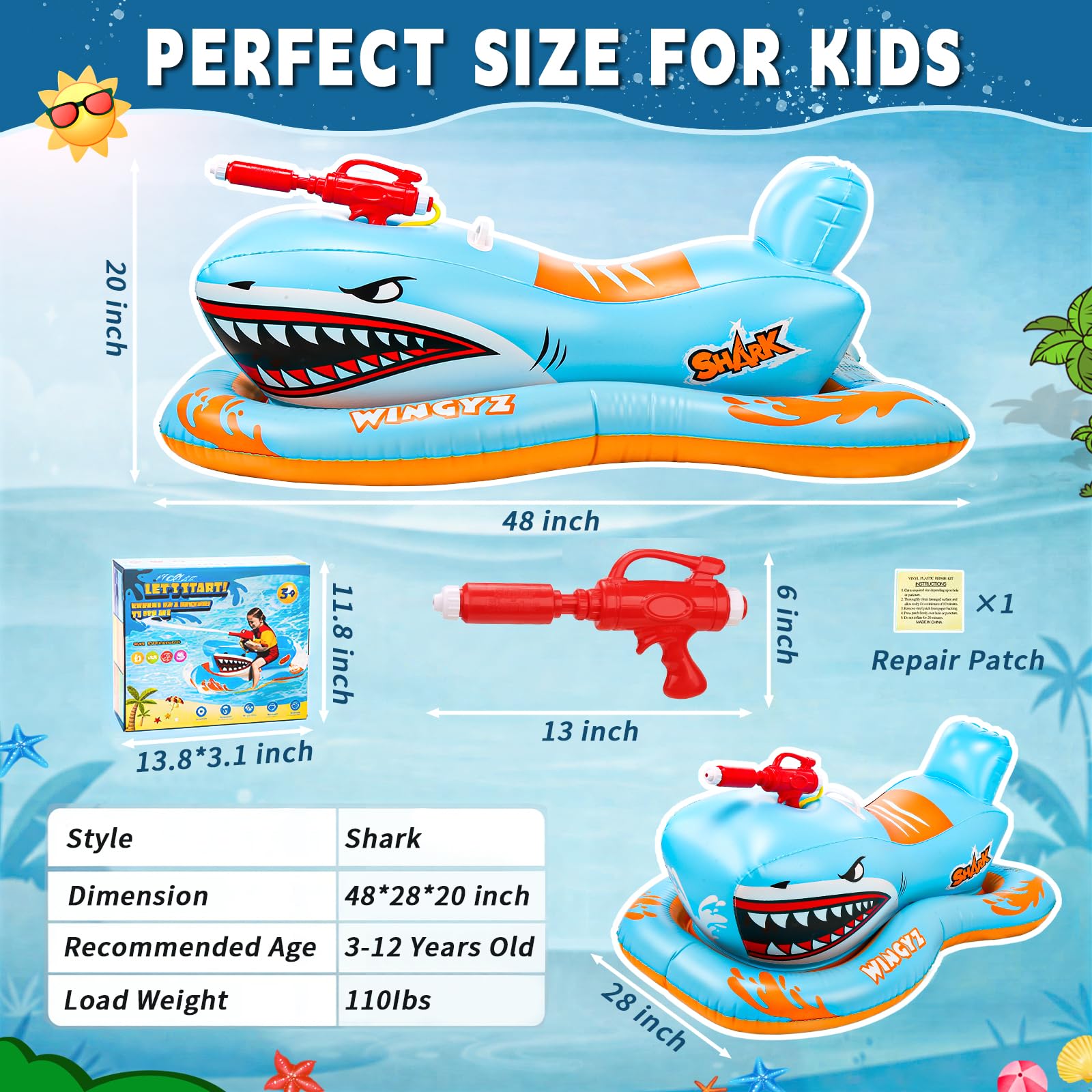 WINGYZ Galleggianti per piscina per bambini con pistola ad acqua, 2026 nuove zattere gonfiabili per piscina giocattoli barca, a forma di squalo, galleggianti per piscina per bambini dai 3 ai 12 anni