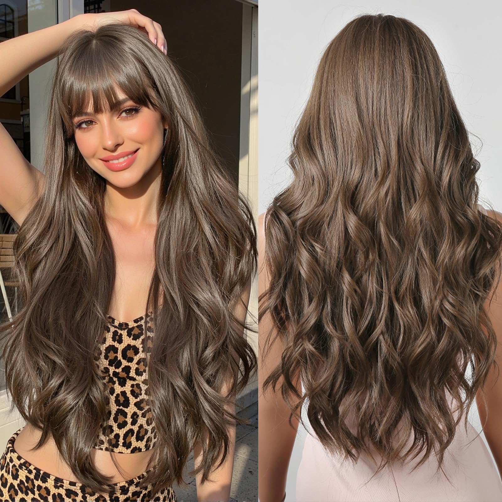 Allbell Brown Wig Long Chocolate Brown Wigs for Black Women Fluffy Wave Curly Hair Wig with Bangs Heat Resistant Synthetic Fiber Wig For Girl Party Wear 28IN