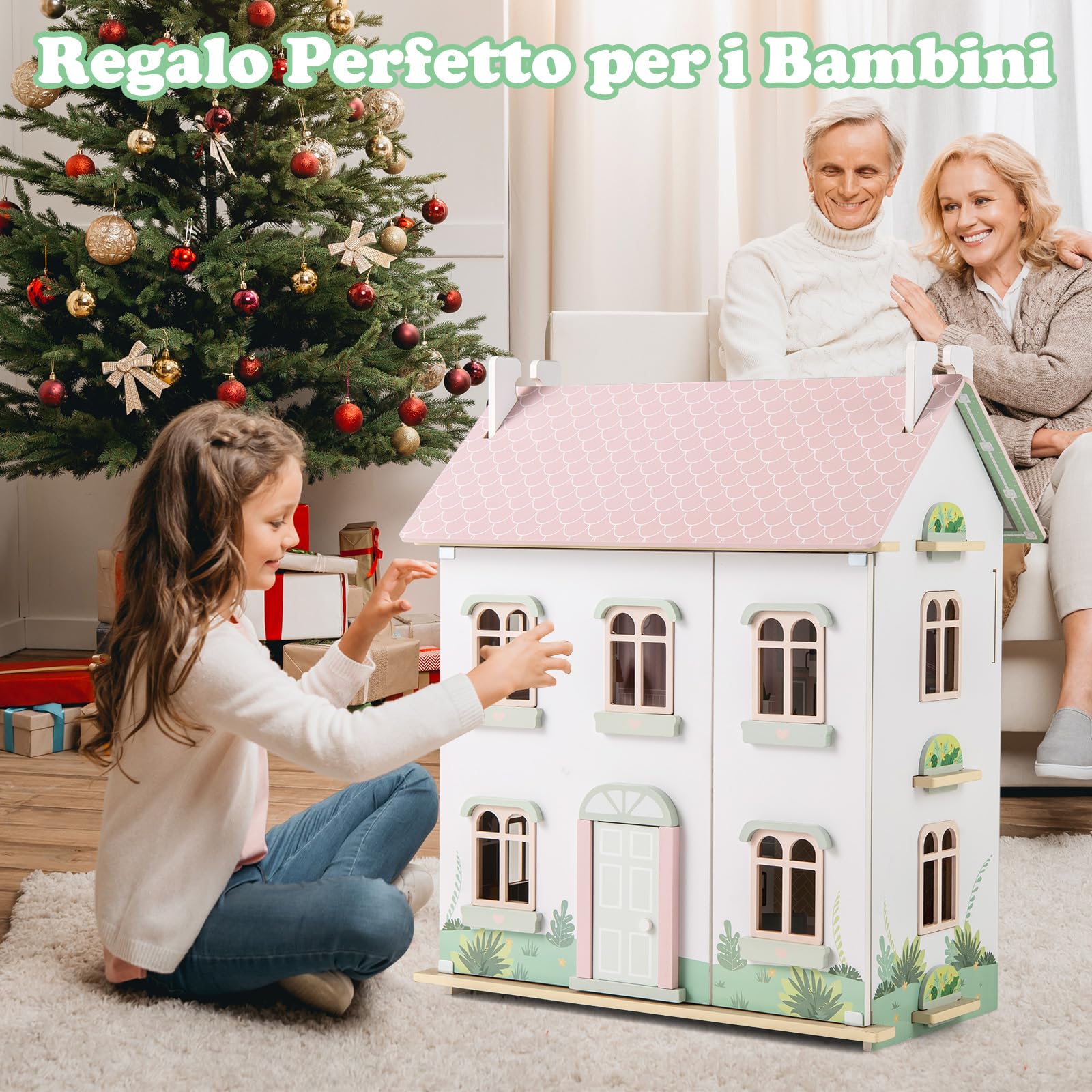 GYMAX Casa delle Bambole in Legno, Casa Giocattolo a 3 Livelli con Mobili e Accessori, con Tetti a 2 Lati, Porta Apribile, Scale in Legno Massiccio, Bambini 3 + anni