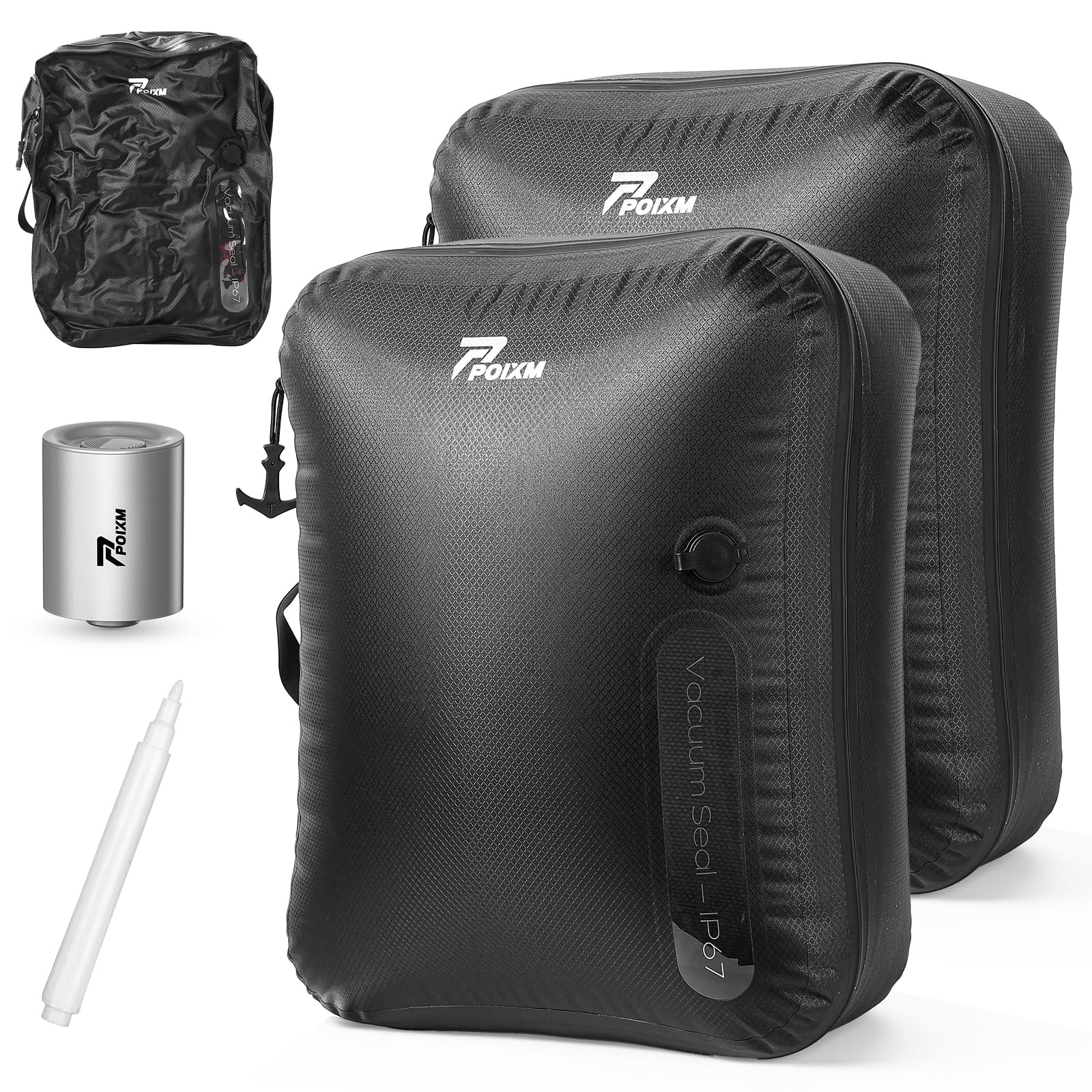 Vakuumbeutel für Reisen mit kabelloser Pumpe, 180° offener Reißverschluss, IP67 wasserdicht, wiederverwendbar, platzsparend, Kompressionsbeutel für Rucksack, Koffer (2 Stück + Pumpe)