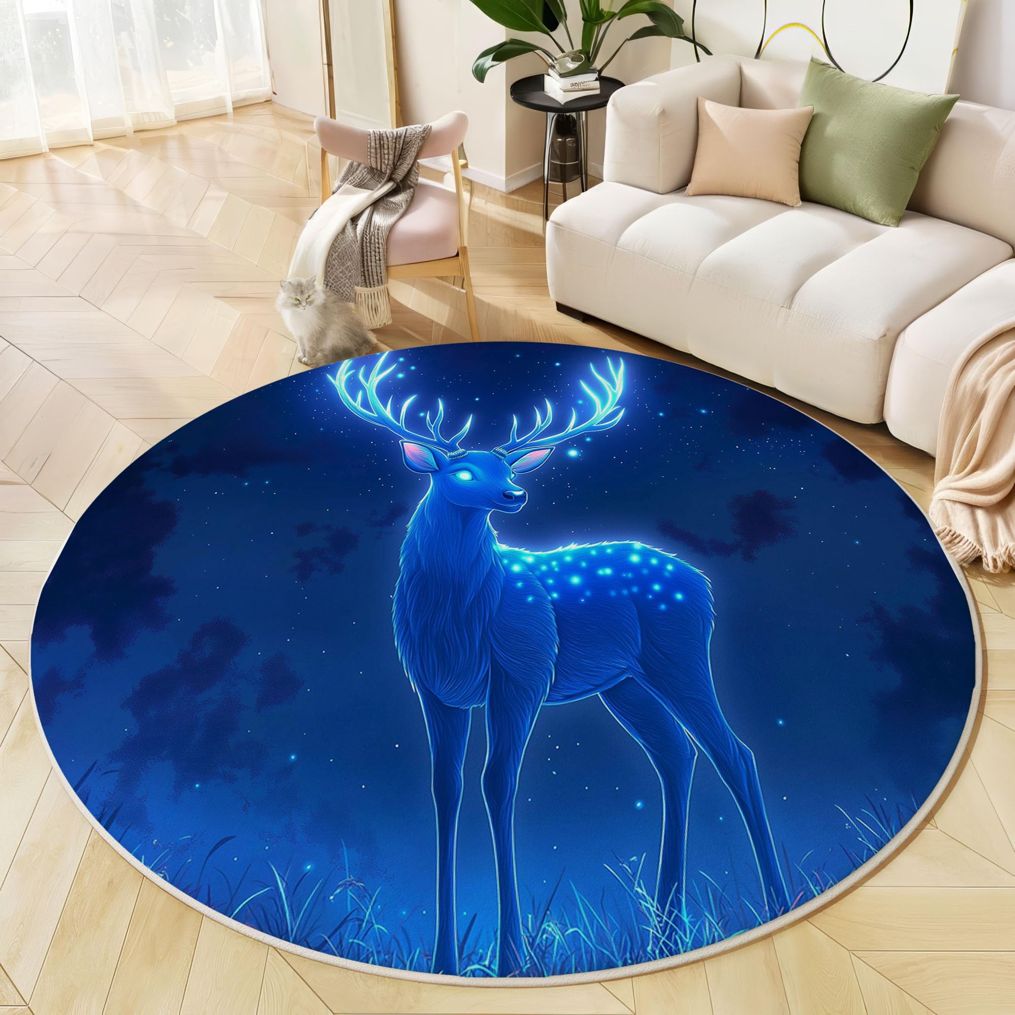 Tapis rond enfant cerf bleu 160cm pour chambre et salle de jeux