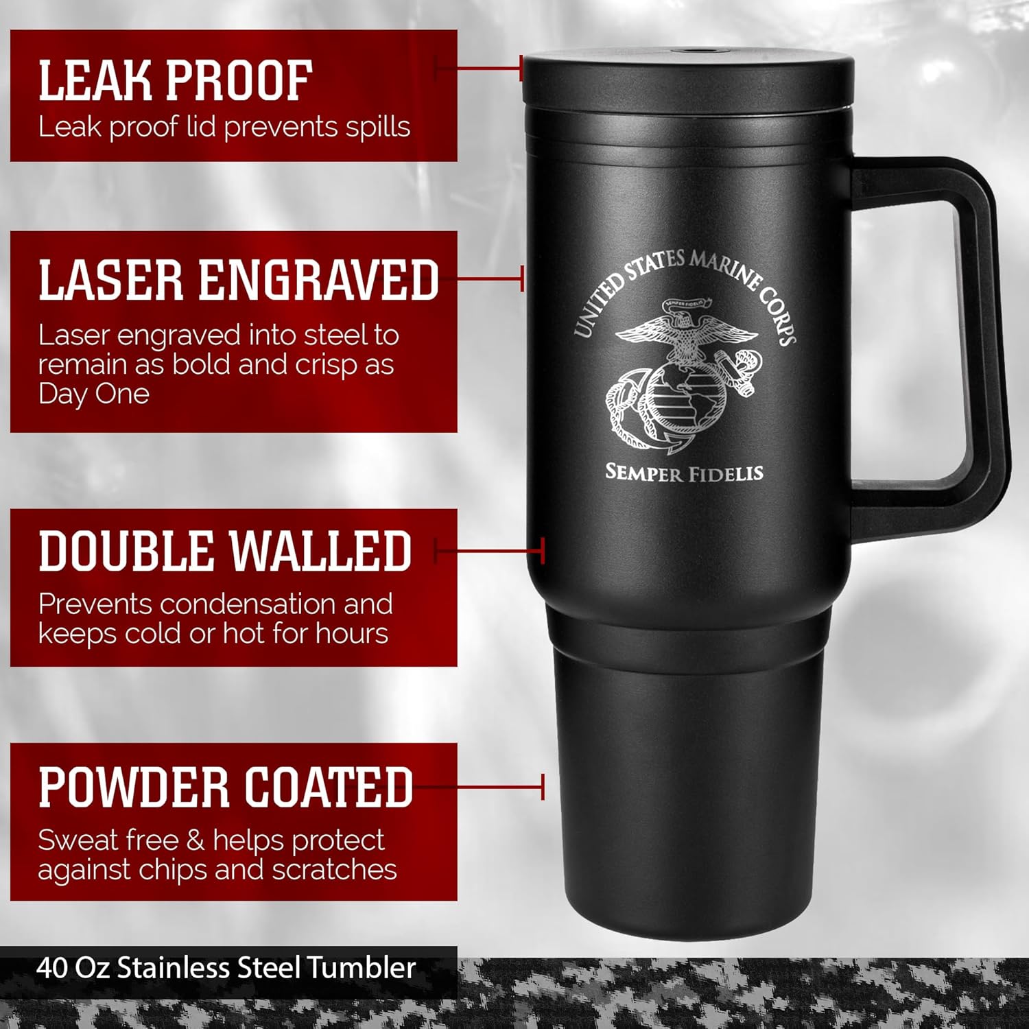 40oz Insulated Marine Corps Tumbler with Handle, Lid & Straw - USMC Gifts - Use for Water, Tea, Coffee & More-Disabled USMC Vet | USMC 40oz Tumbler - Image 2