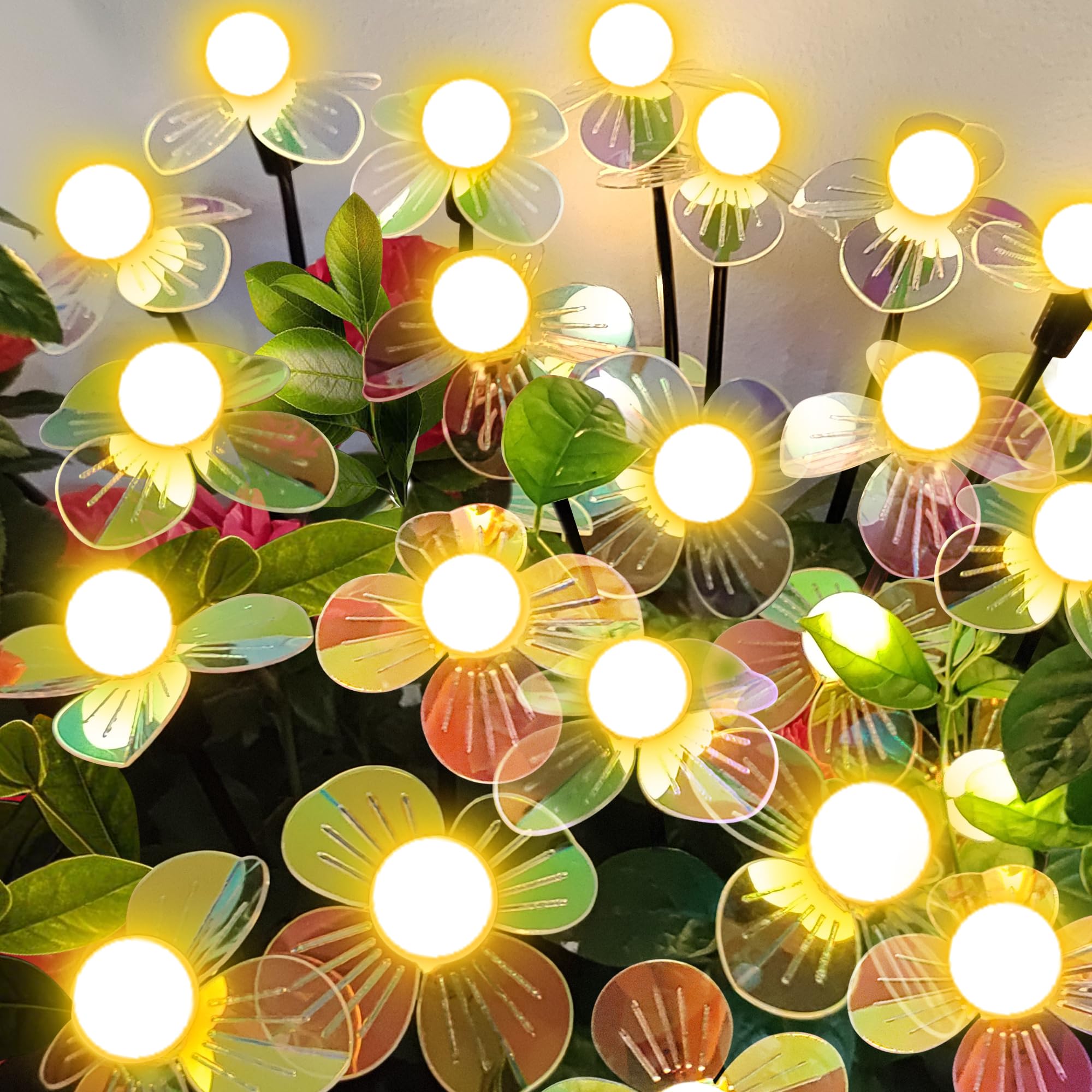 NBQQ Solar Garden Lights Outdoor, New Upgraded 4-Pack Firefly Solar Lights with Iridescent Petals & Warm White Glow - Waterproof Wind-Swaying Decor for Yard, Patio