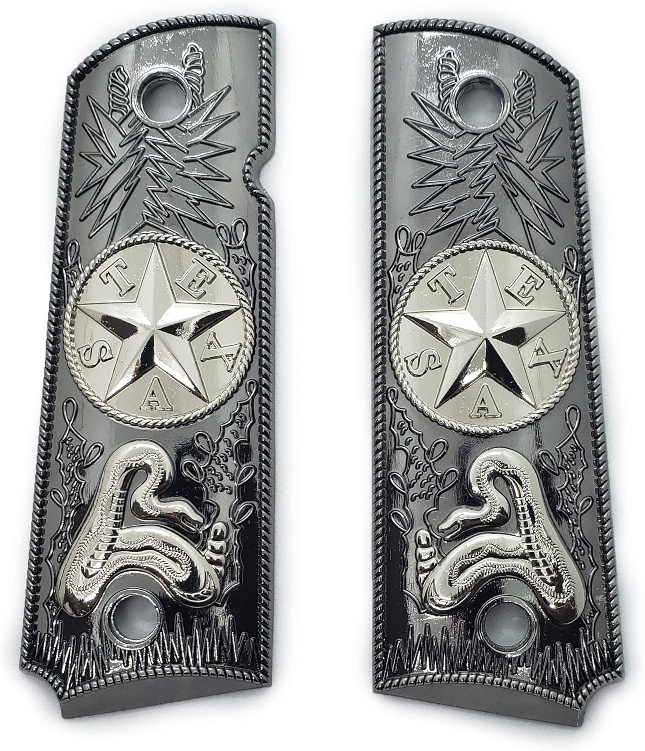 1911 Metal Grips, Gun Grips Screws Included, Full Size (Government/Commander), Scroll Texas Star Grips, Ambi Safety Cut Black Nickel Plated