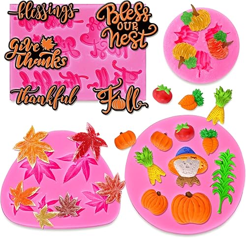 AnyDesign 4 moldes de fondant de otoño, calabaza, hojas de arce, moldes de silicona para otoño, bendición agradecida, caramelo, resina, molde para