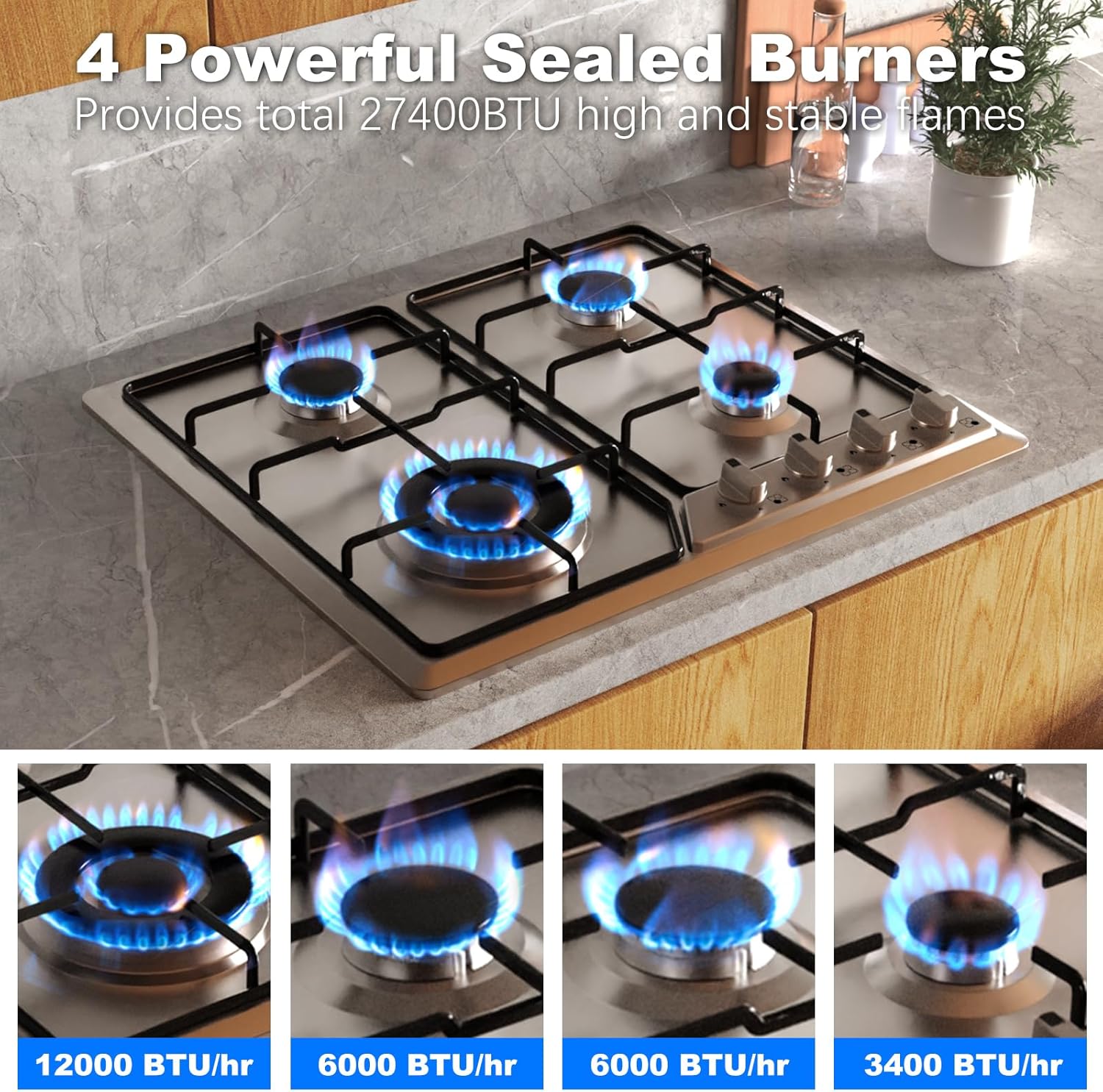 Gas Cooktops 23x20 Inch, Built-in Stainless Steel 4 Burner Gas Stove, NG/LPG Dual Fuel Propane Gas Cooktop with Thermocouple Protection for Apartment, Kitchen, Indoor,110V,Plug in
