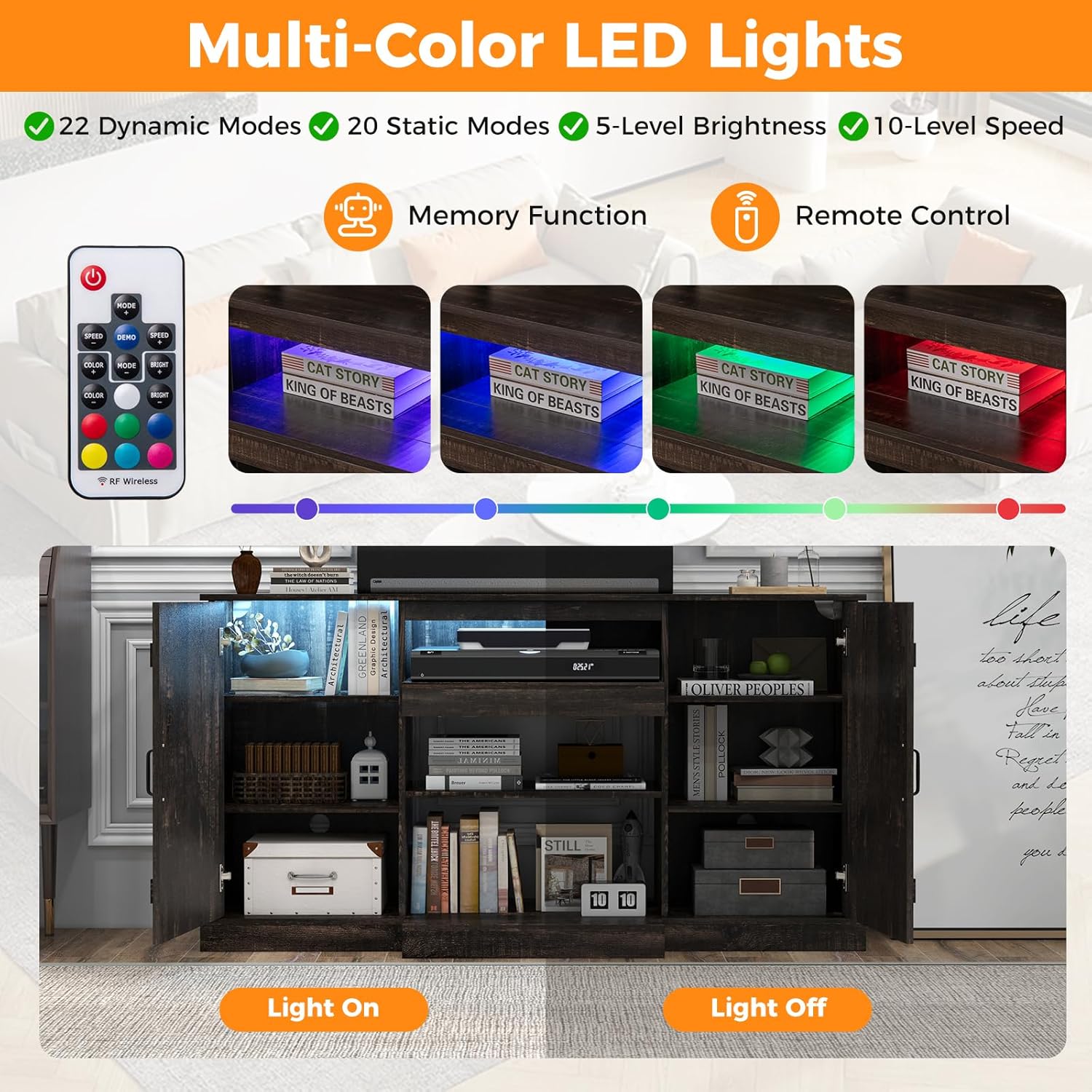 RELAX4LIFE Farmhouse TV Stand for TVs up to 68’’ - 59’’ Media Console Table w/LED Lights, 22 Dynamic Modes, TV Cabinet with Storage & 3-Level Adjustable Shelves, Entertainment Center for Living Room