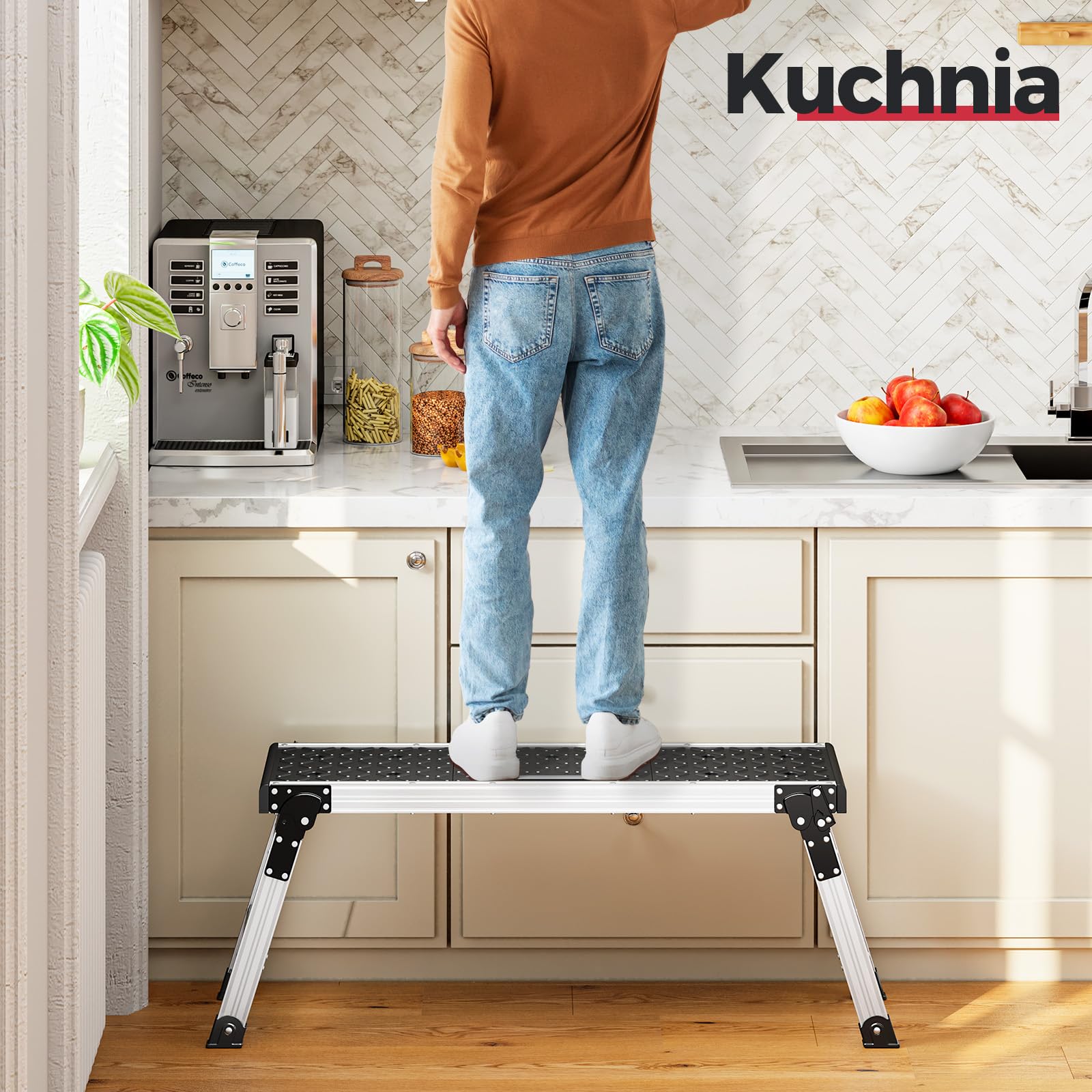 KINGRACK Składana platforma robocza, aluminiowa drabina schodkowa z antypoślizgowymi gumowymi nóżkami, lekka drabina schodkowa z zamkami bezpieczeństwa do domu i garażu – do 150 kg, czarna