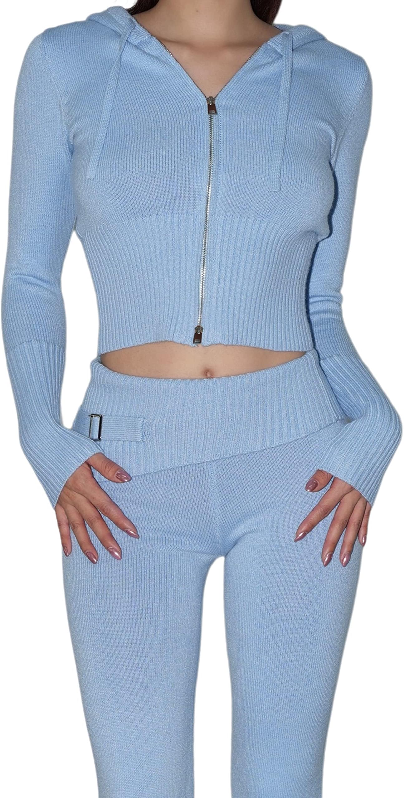 Zhiyouni Women's Kintted 2 Piece Outfits Long Sleeves Zip Up Hooded High Waist Skinny Pants Set Loungewear