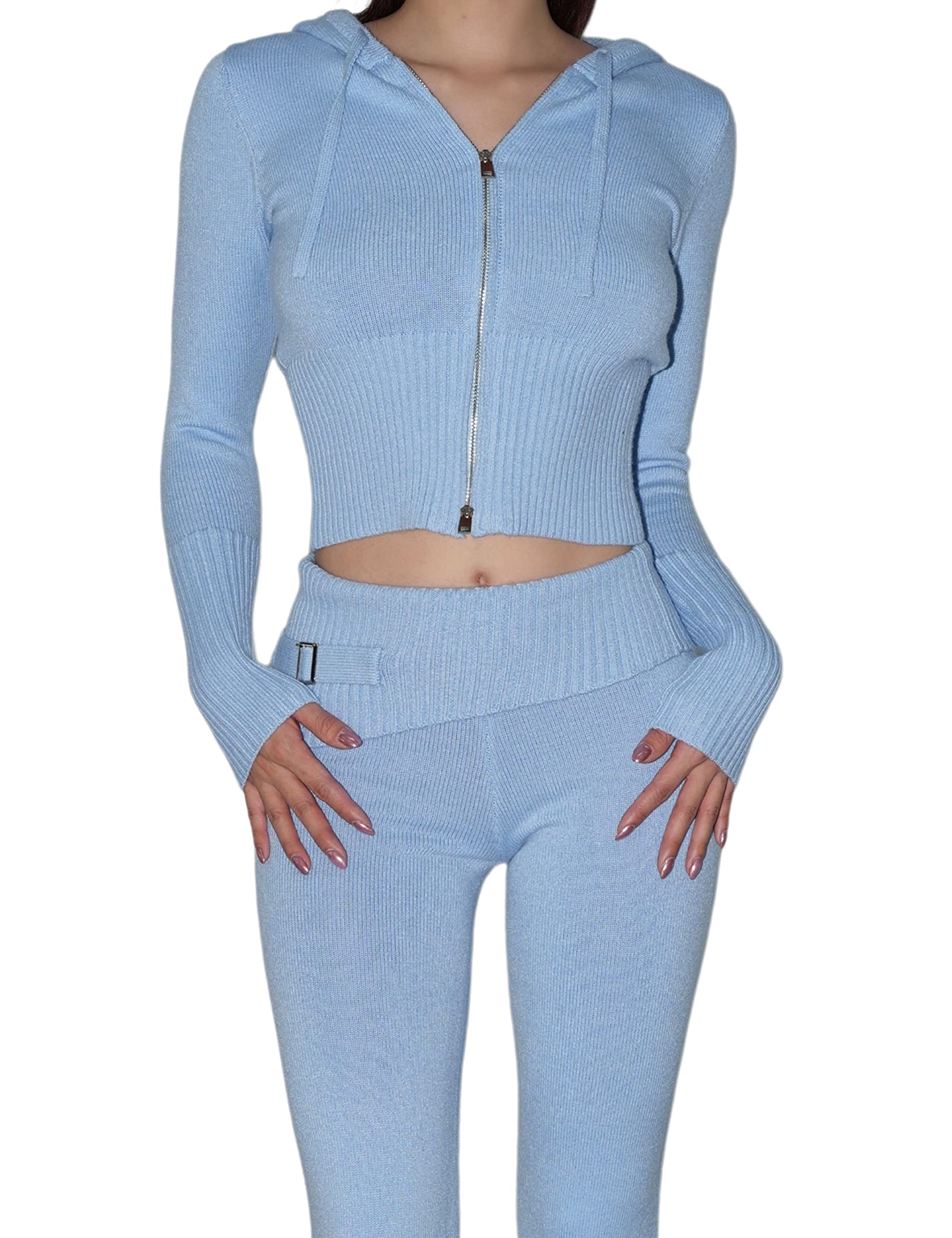 Zhiyouni Women's Kintted 2 Piece Outfits Long Sleeves Zip Up Hooded High Waist Skinny Pants Set Loungewear