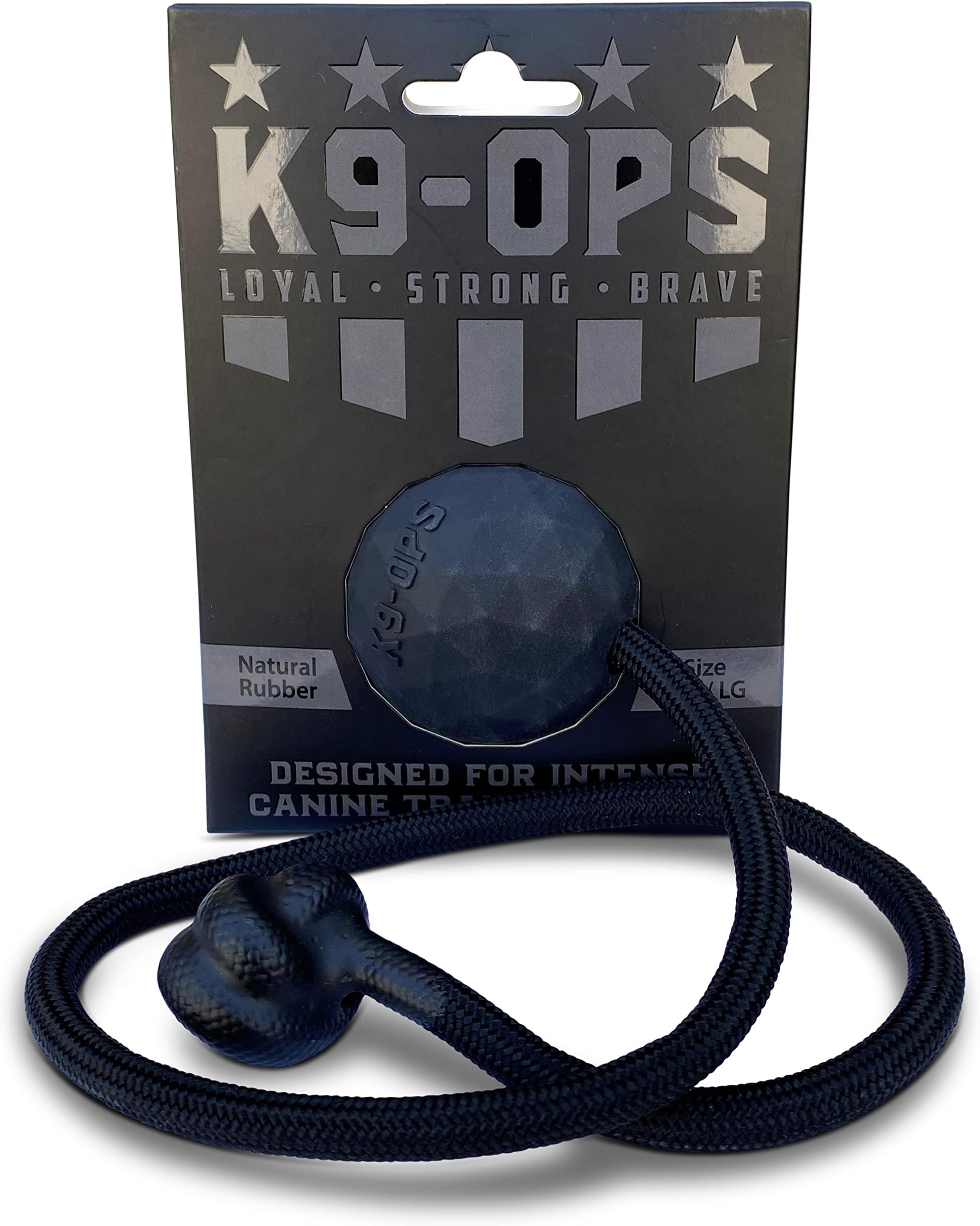K9 Ops Dog Ball on a Rope Moki Tug Toy - Solid Rubber Fetch Training Reward - Large Dogs Tugs Durable Aggressive Chewers (Coal Black, MD/LG)