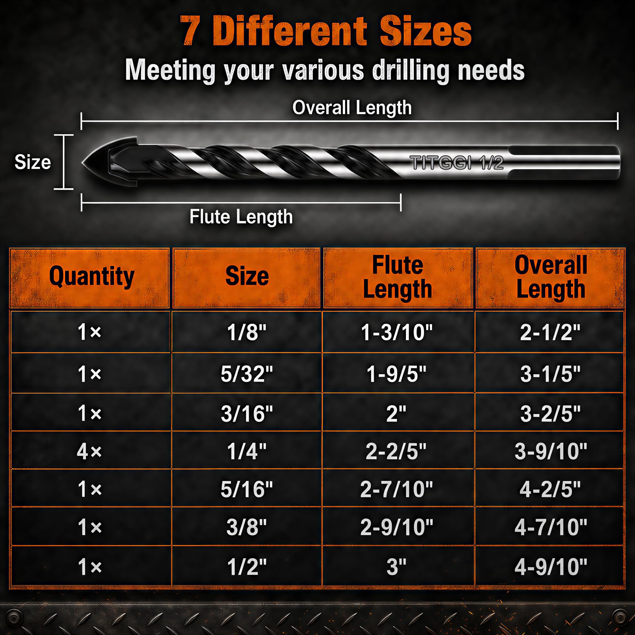 10-Piece Masonry Drill Bit Set, 7 Sizes, 1/8"-1/2" G8822