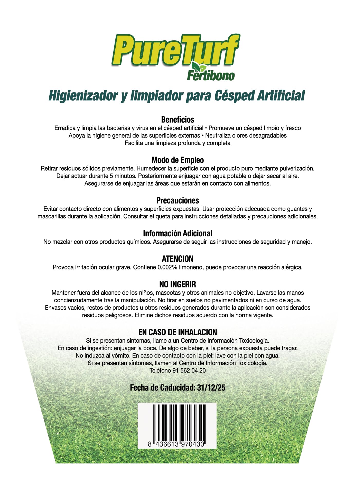 Fertibono PureTurf, Limpiador e Higienizador de Césped Artificial - (750 ml) - Eliminador de Olores de Mascotas, Seguro para Familias