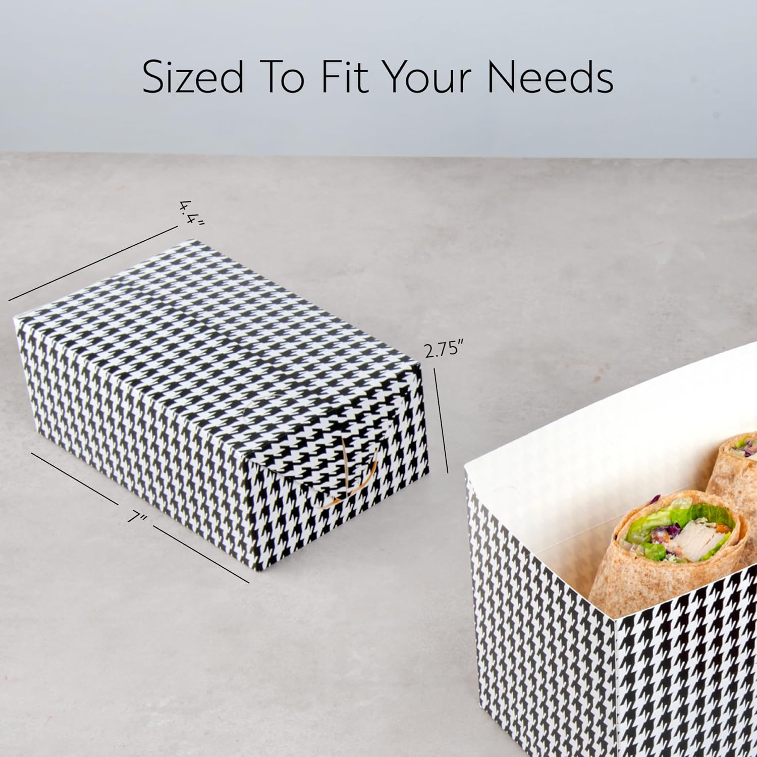Restaurantware Takeout Lunch Box 100 Count 47 Ounce Paper Food Delivery Container Greaseproof Secure Closure Box Black Houndstooth Design 7.01 x 4.49 x 2.76 Inch Large Capacity