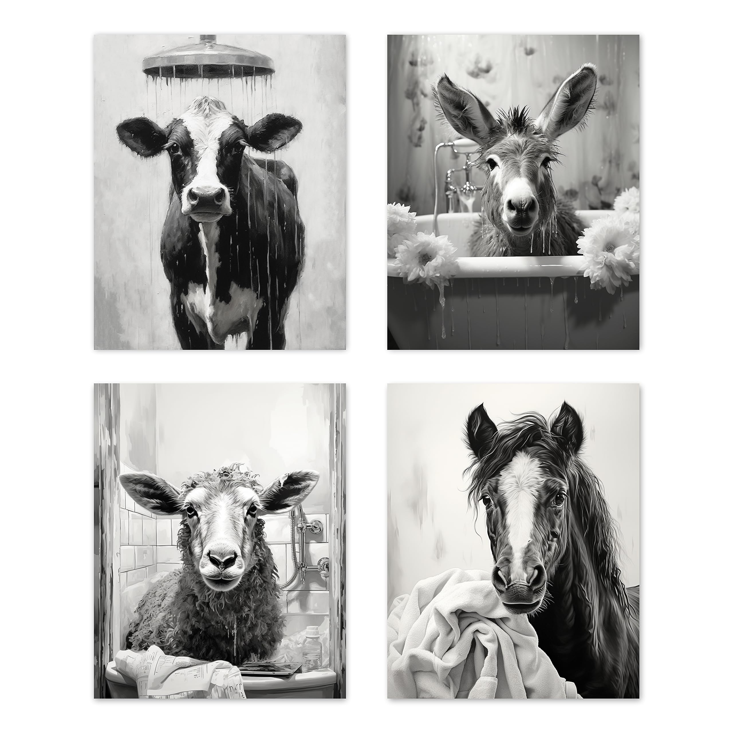 Bathroom Decor Cow Horse Donkey Sheep Print Wall Art for Home Vintage Black and White Farmhouse Decor Rustic Style Prints Posters Funny Pictures Sign Wash Room for Restroom Decor 8”x 10” Unframed Set