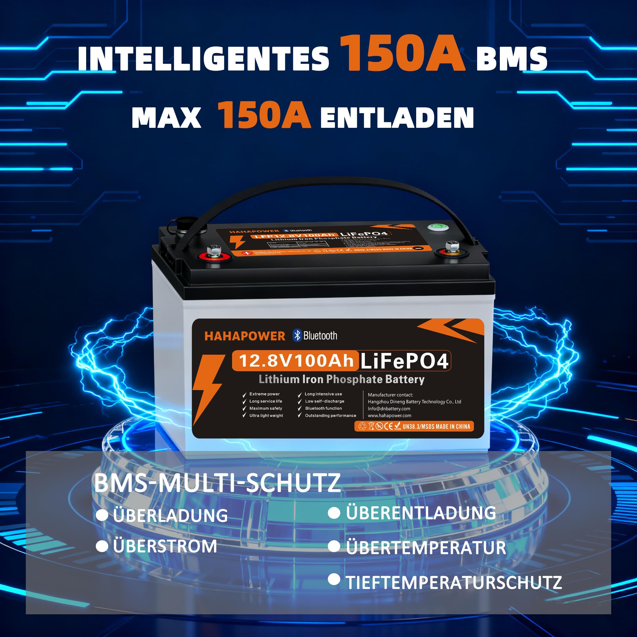 12.8V 100Ah Bluetooth LiFePO4 Batterie, 150A Strom BMS, Smart Power Knopf, Schutz vor niedrigen Temperaturen, Max 15000Cycles, Perfekt für RVs, Wohnmobile, Solaranlagen, Off- Grid