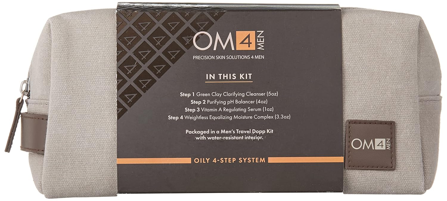 Organic Male OM4 Oily Collection 4-Step RegiMEN & Travel Bag - 4 ct Featuring full-sized Mens Cleanser, Toner, Serum, and Moisturizer