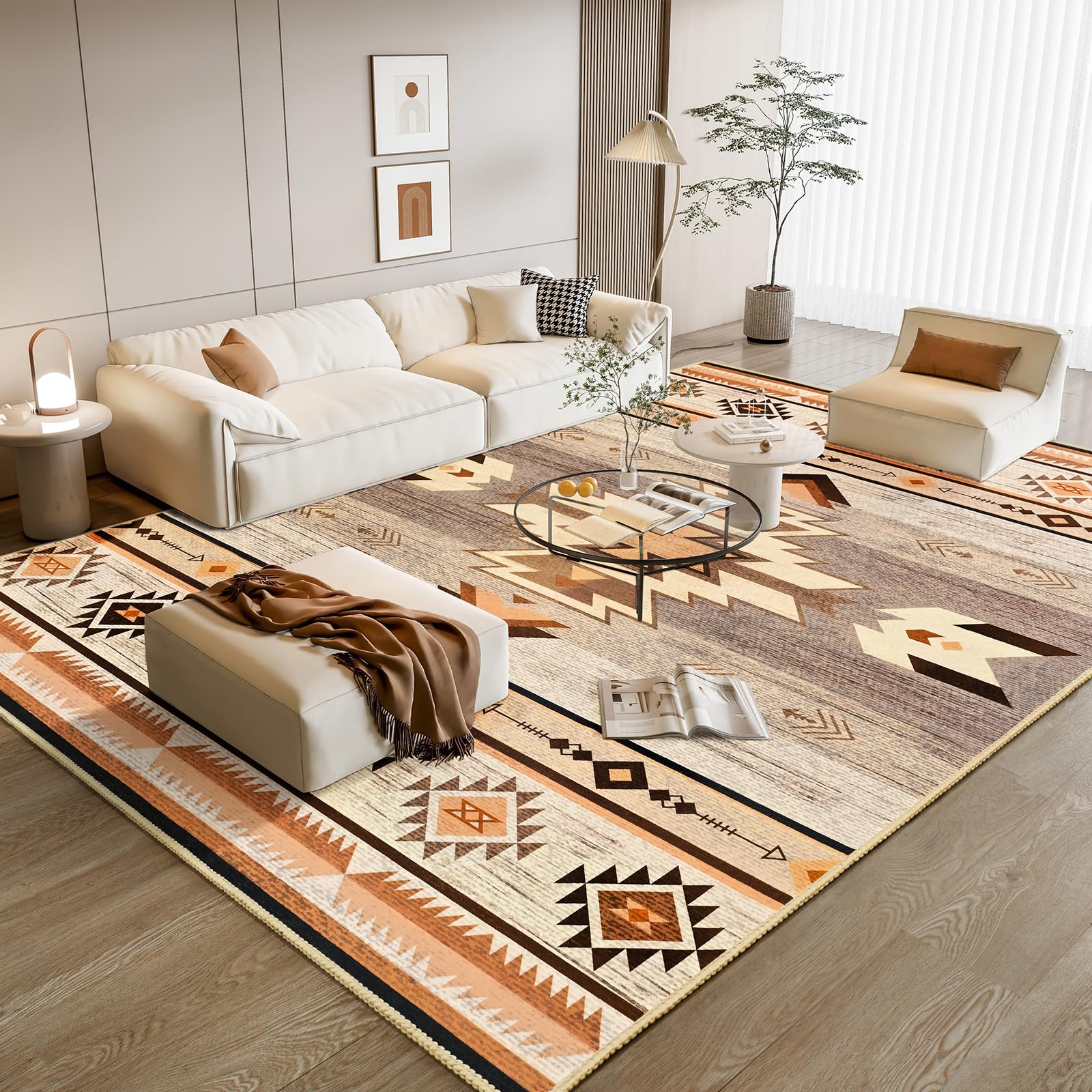 Western Rugs for Living Room 8x10, Non Slip Extra Large Rug for Bedroom Dining Table Kitchen, Soft Throw Rugs with Rubber Backing Washable, Warm Beige