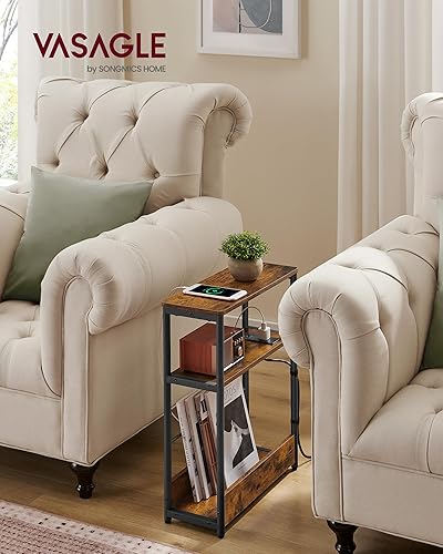Miniatura 3 de VASAGLE Mesa auxiliar con estación de carga, mesa auxiliar estrecha, mesita de noche de 3 niveles, mesa de sofá para espacios pequeños, revistero,