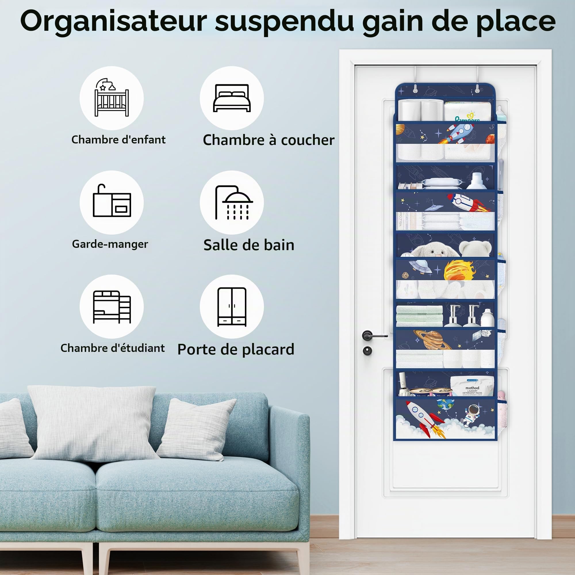 Clastyle Étagère Suspendue sur Porte de Rakete Bleu à 5 Compartiments, Rangement Suspendu pour Jouets Couches Vêtements pour Enfants, Rangement Porte à Suspendre pour Chambre Salle de Bain Pantry
