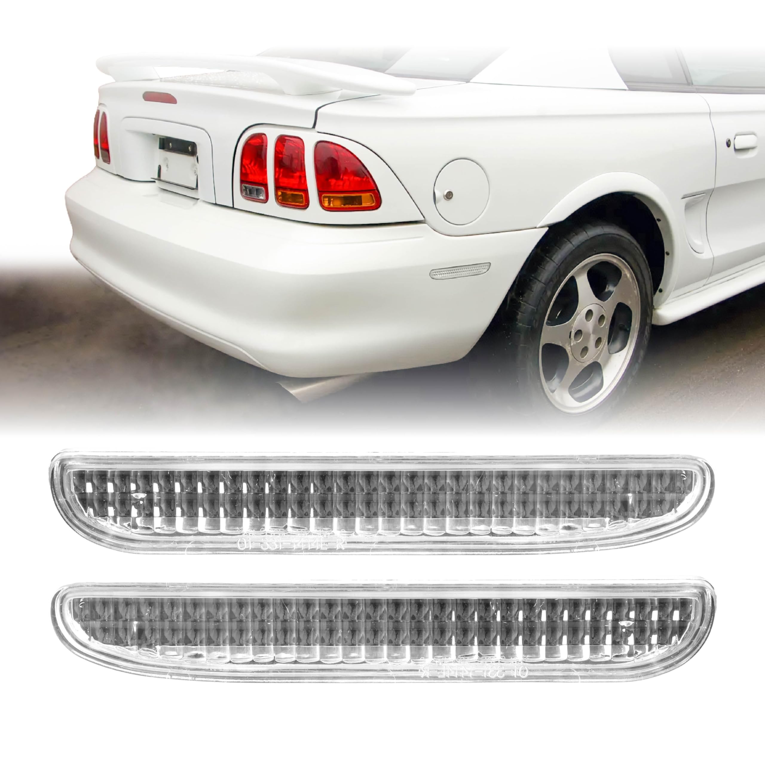 USR UNIQUE STYLE RACING 94-98 SN95 Bumper Reflector – Rear Side Lamps (Left + Right) Pair - Compatible with 94-98 Ford Mustang All Models V6 GT Cobra SVT Convertible Stang (CRYSTAL CLEAR REFLECTORS)