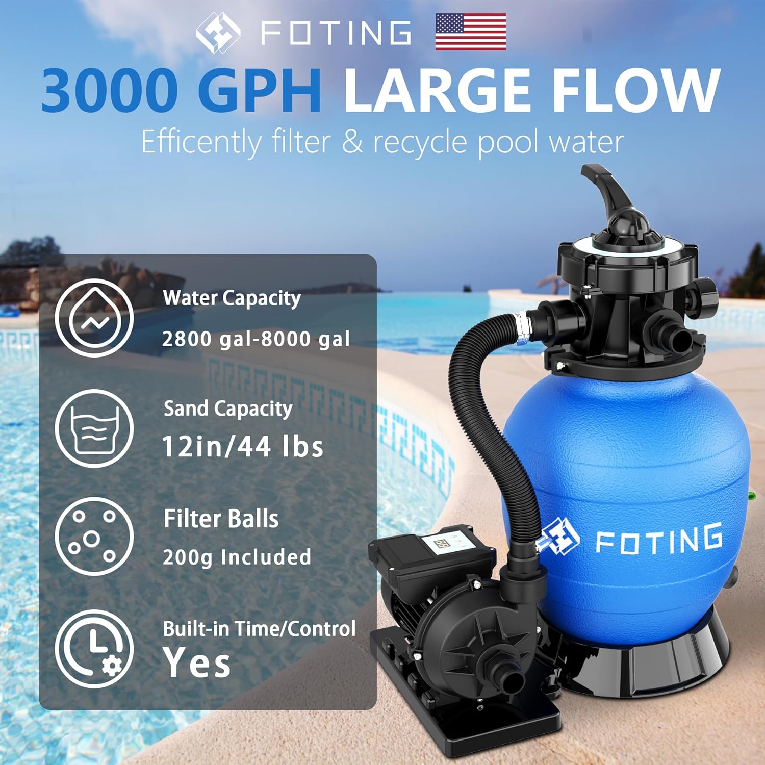 FOTING Sand Filter Pump features including water capacity, sand capacity, filter balls, and built-in timer