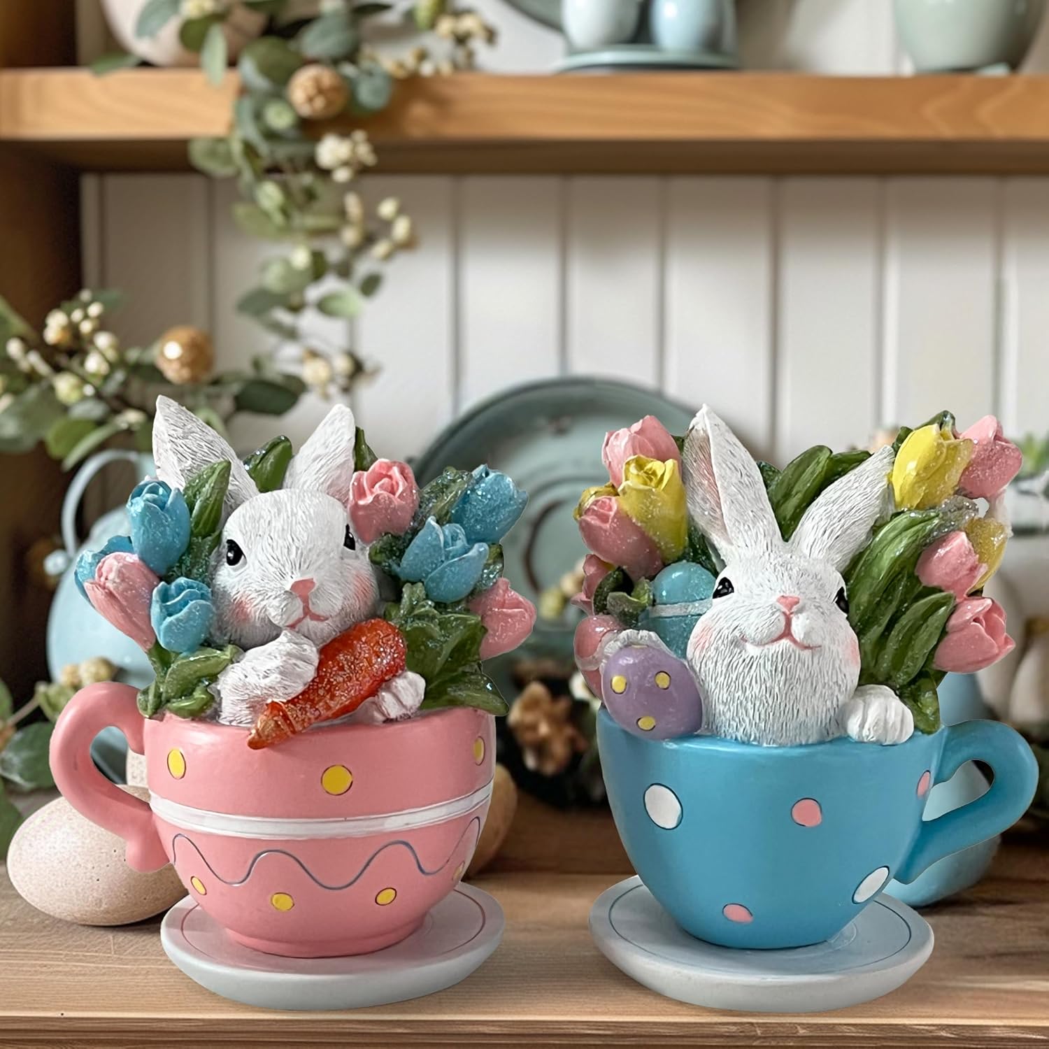 Hodao Easter Bunny Decorations Spring Easter Egg/Cup Bunny Indoor Home Decor Farmhouse Country Style Flowers Bunny Figurines (2pcs Teacup Rabbit Color 1) - Image 4