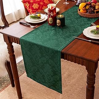 Joyfol Day Jacquard Christmas Green Table Runners, Waterproof Damask Floral Table Runner for Xmas Holiday Winter Festival Party Kitchen Dining Tabletop Decoration (14x72 Inch)