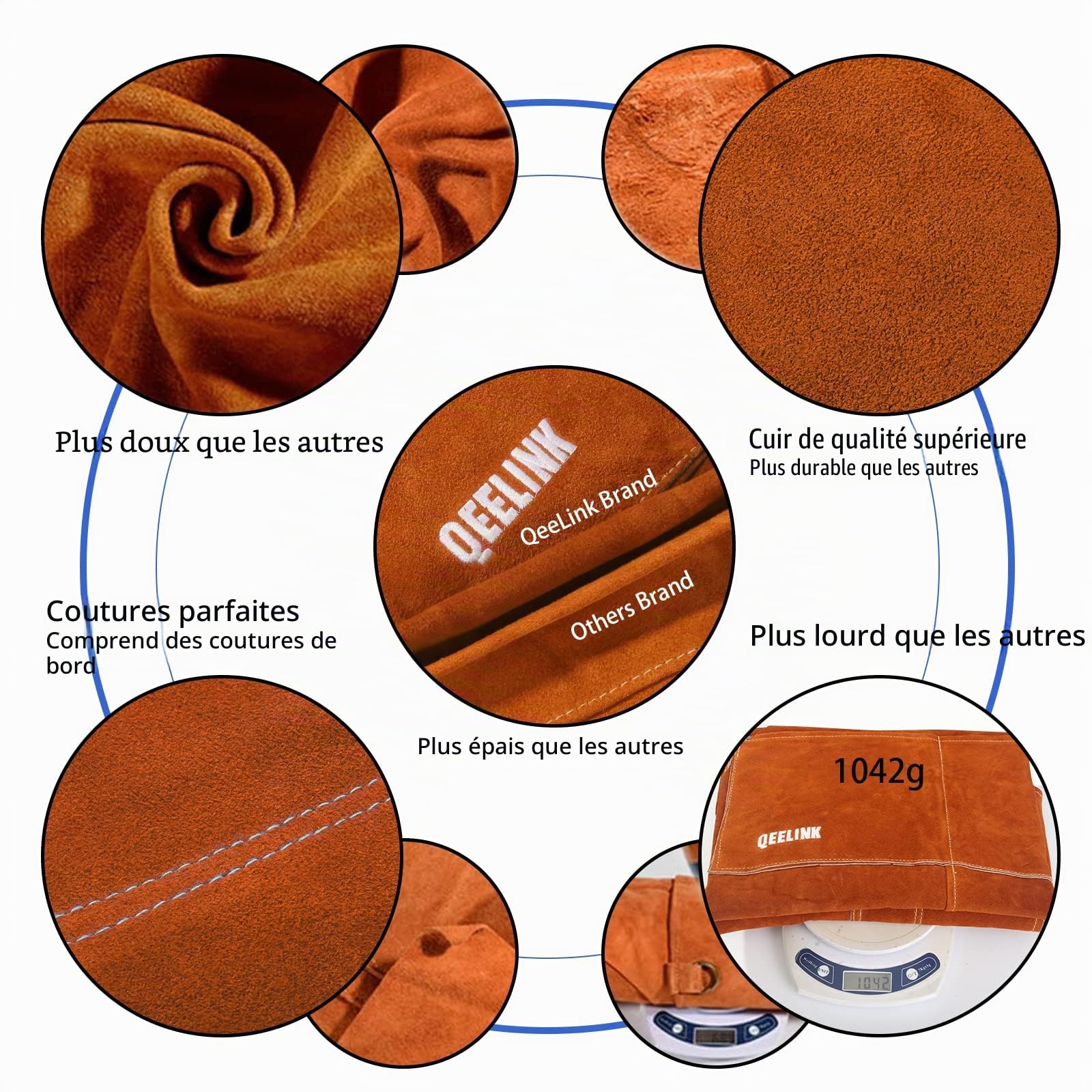 QeeLink Tablier de travail en cuir avec 6 poches à outils, tablier de soudure robuste pour homme et femme, résistant à la chaleur, 61 cm x 91 cm, réglable de taille M à XXL