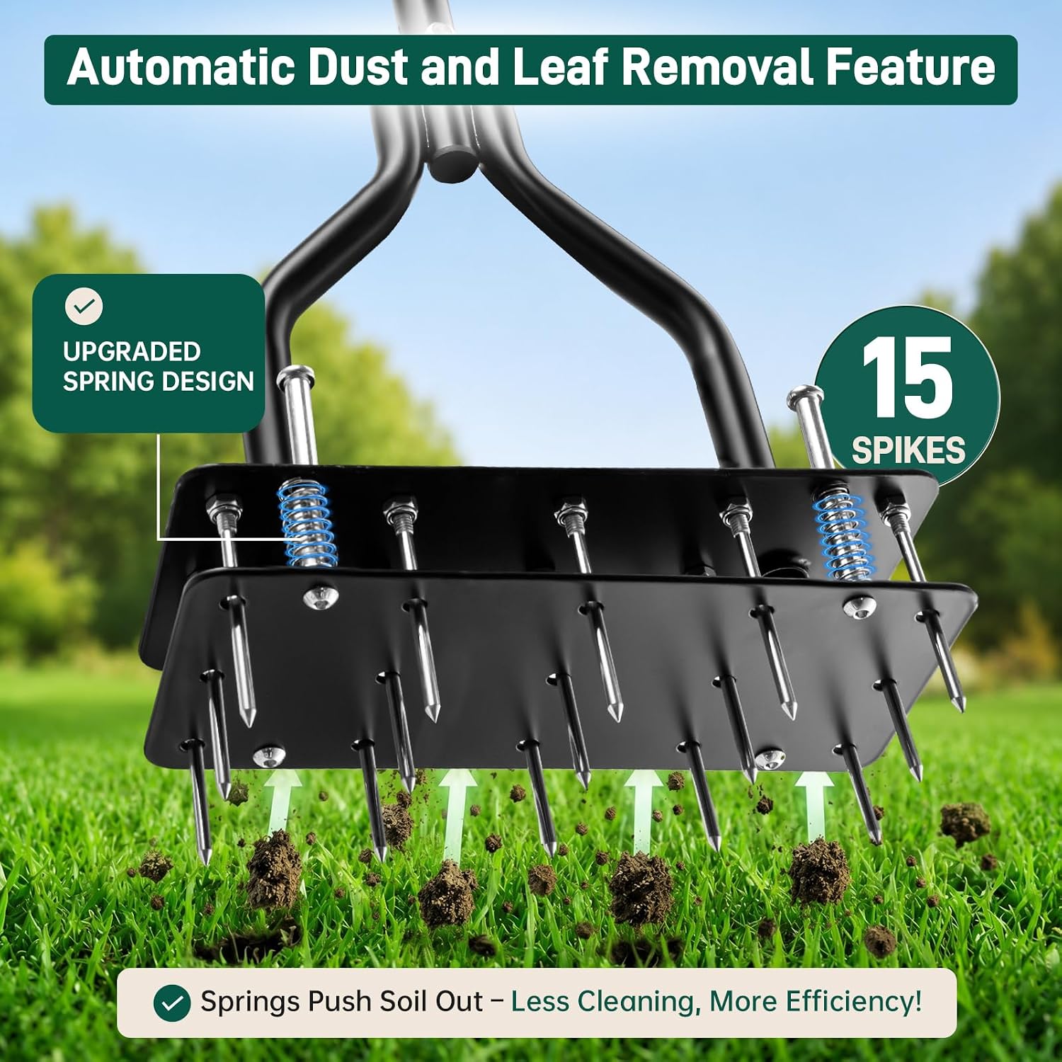 Lawn Aerator - Heavy-Duty Carbon Steel Manual Spike Aerator with 2-in-1 Self-Cleaning Spring Design & T-Handle, 15 Sharp Metal Spikes for Yard Soil Aeration, Pre-Assembled for Easy Setup image 4
