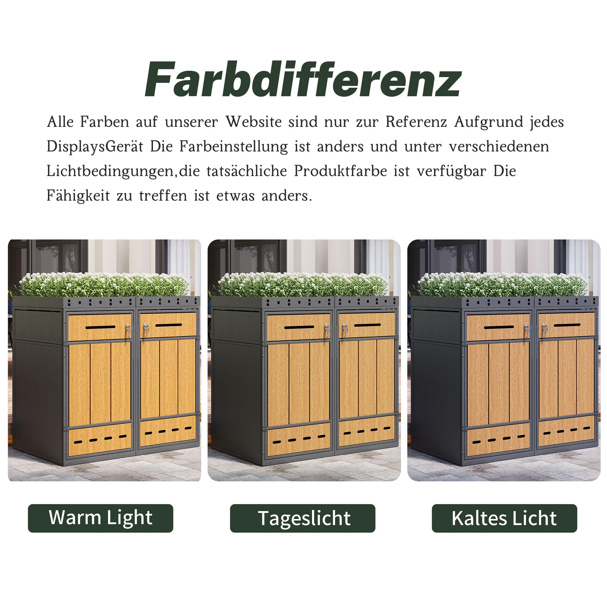 Mülltonnenbox 4er mit Pflanzdach und Türfüllung in Holzoptik 120-240 L, Mülltonnenboxen Mülltonnenverkleidung ist EIN Griff mit Schlüssel Angebracht, Gartenmöbel Müllcontainer, Grau+Holzfarbe