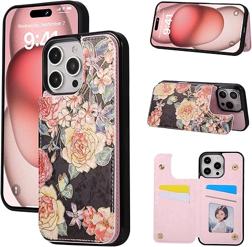 Miniatura 33 de UEEBAI Funda tipo cartera para iPhone 15 Pro Max con tarjetero, cubierta de cuero PU con soporte, bloqueo RFID, doble cierre magnético, relieve de