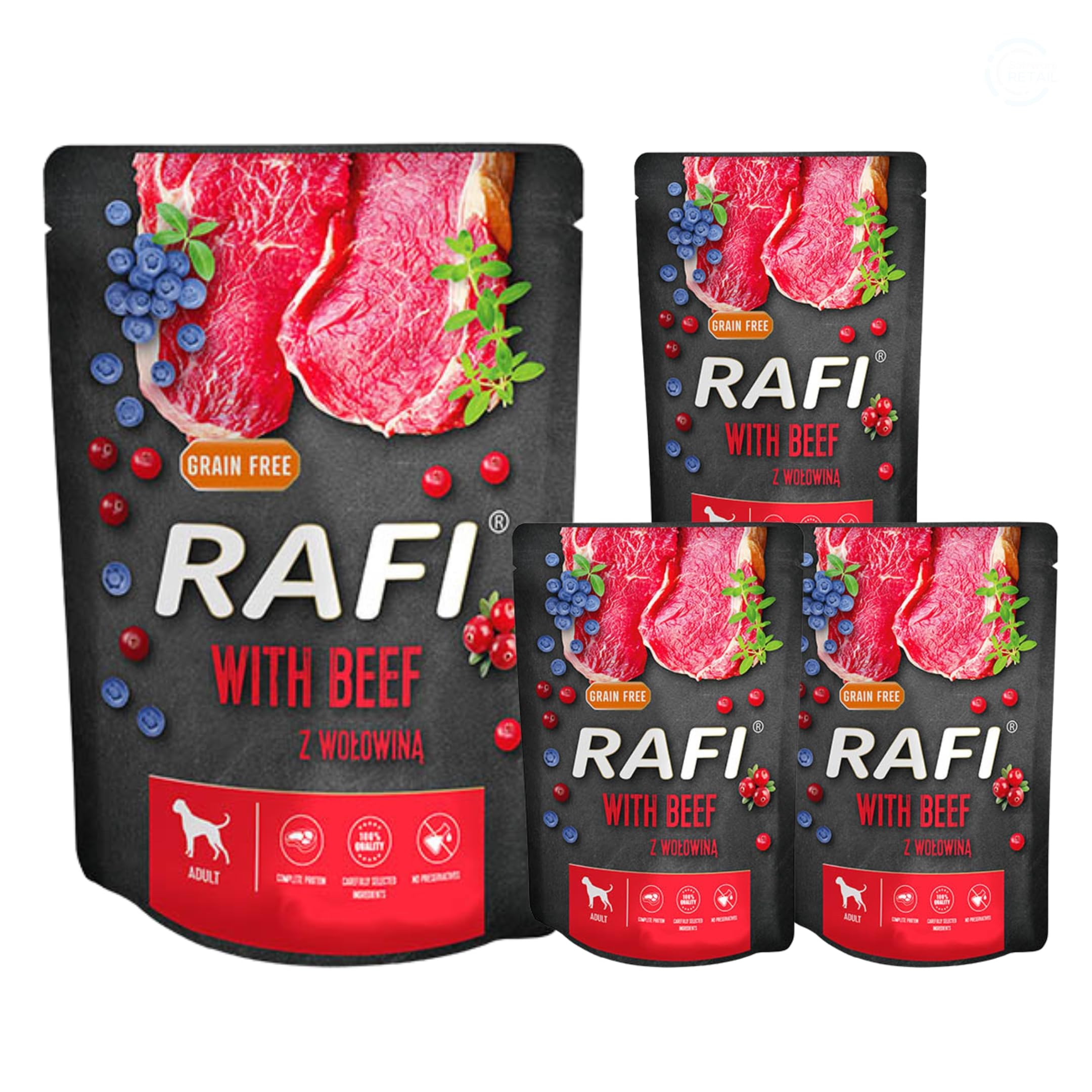 Rafi Complete Wet Dog Food: Meat & Natural Ingredients, Grain-Free, Immune-Boosting Superfoods in Every Flavour! Healthy & Tasty Nutrition for All Breeds! (Beef, 4x300g)