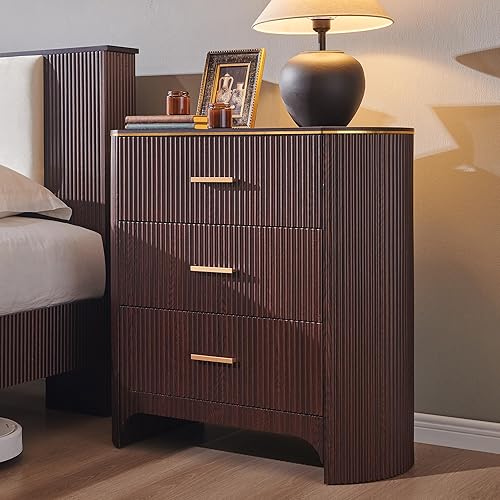 Fluted 3 Drawers Nightstand with Charging Station,31.7" W Bedside Table